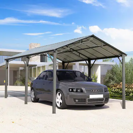 Front. U-HOMY - Outdoor Carport – Galvanized Steel Roof, Heavy-Duty All-Weather Shelter for Cars, Boats, Tractors & Equipment - 10'x 16'.