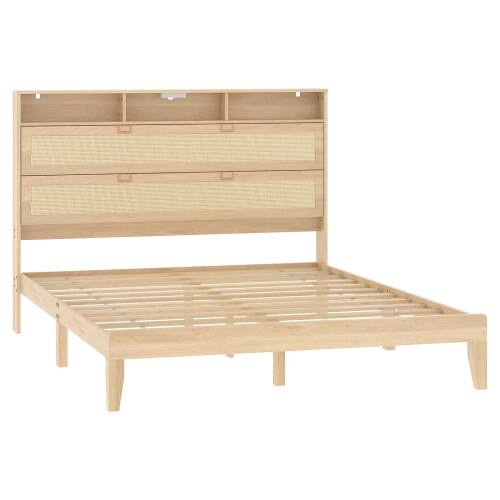 Alt View 4. Winado - Bed Frame with Storage Headboard and Charging Station, Rattan Platform Bed Wood Bed with Shelves, No Box Spring Needed - Natural,Queen Size.