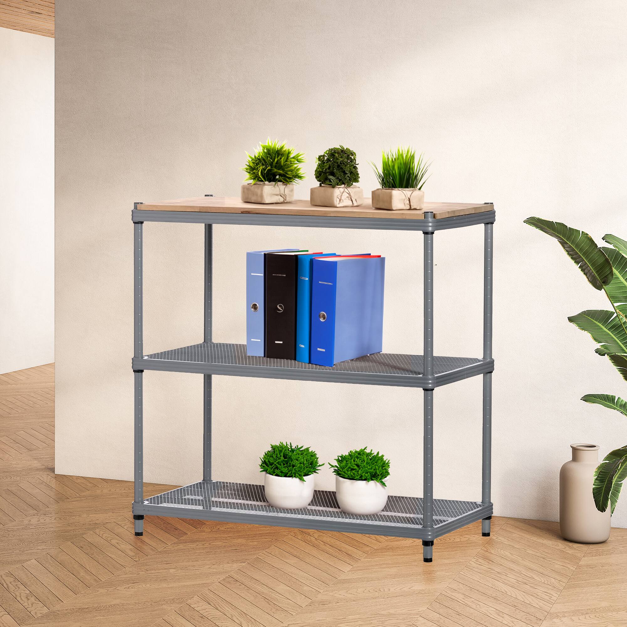 Alt View 1. Design Ideas - Design Ideas MeshWorks Metal Storage Wood Top Workbench Shelving Unit, Silver - Silver.