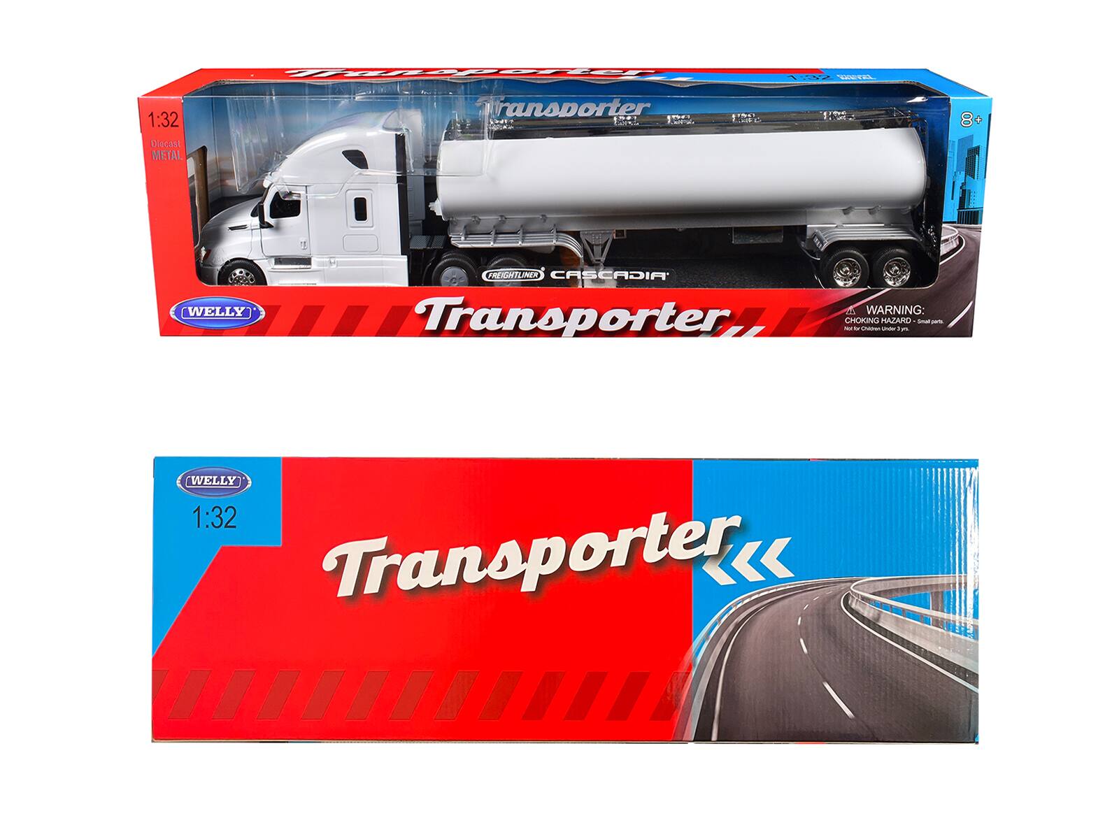 Sure, here is the corrected and grouped text from the image:

---

**WELLY**

**1:32 Diecast METAL**

**Transporter**

**FREIGHTLINER CASCADIA**

**WARNING: CHOKING HAZARD - small parts. Not for children under 3 years.**

**8+**

---

**WELLY**

**1:32**

**Transporter**

---

**FREIGHTLINER CASCADIA**

**Transporter**