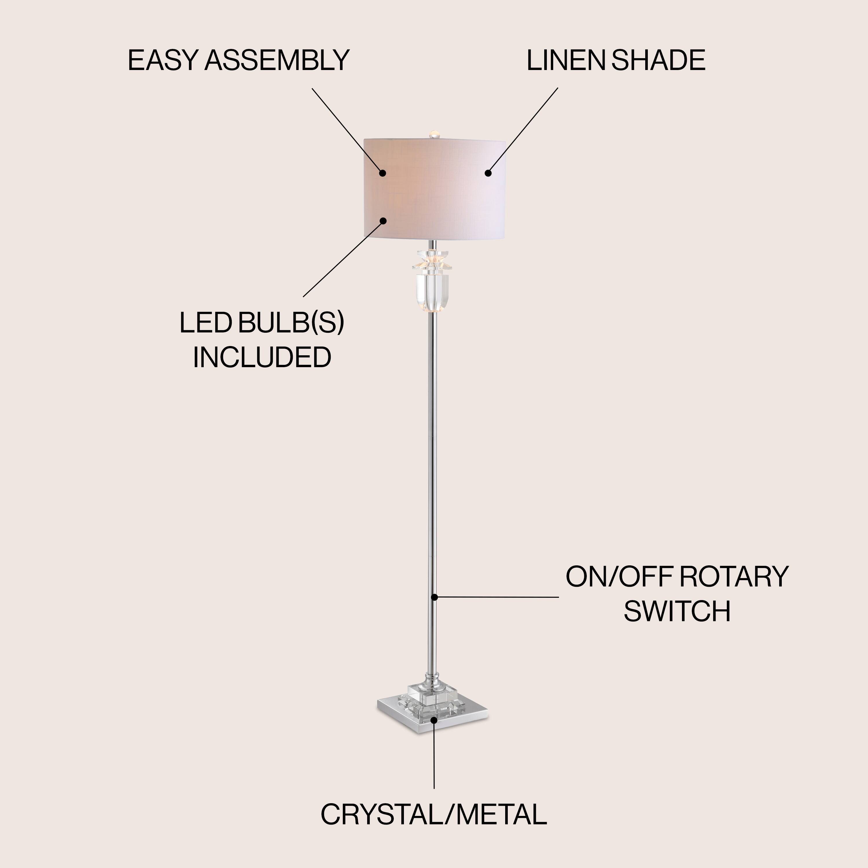 EASY ASSEMBLY LINEN SHADE LED BULB(S) INCLUDED ON/OFF ROTARY SWITCH CRYSTAL/METAL