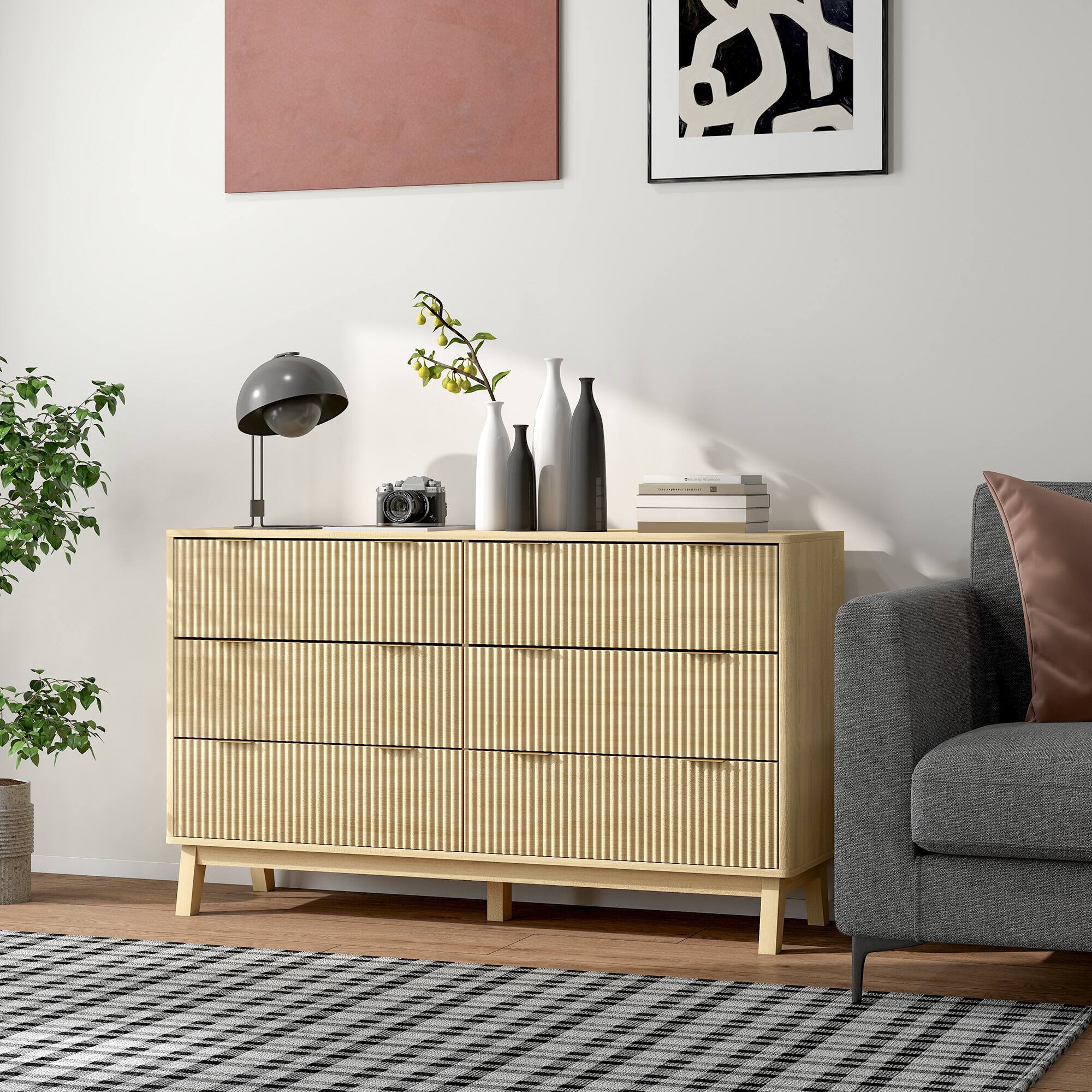 Alt View 1. Homcom - Drawer Double Dresser for Bedroom, Fluted Chest of Drawers with Gold Finger Pulls and 5 Wood Legs - Natural Wood.