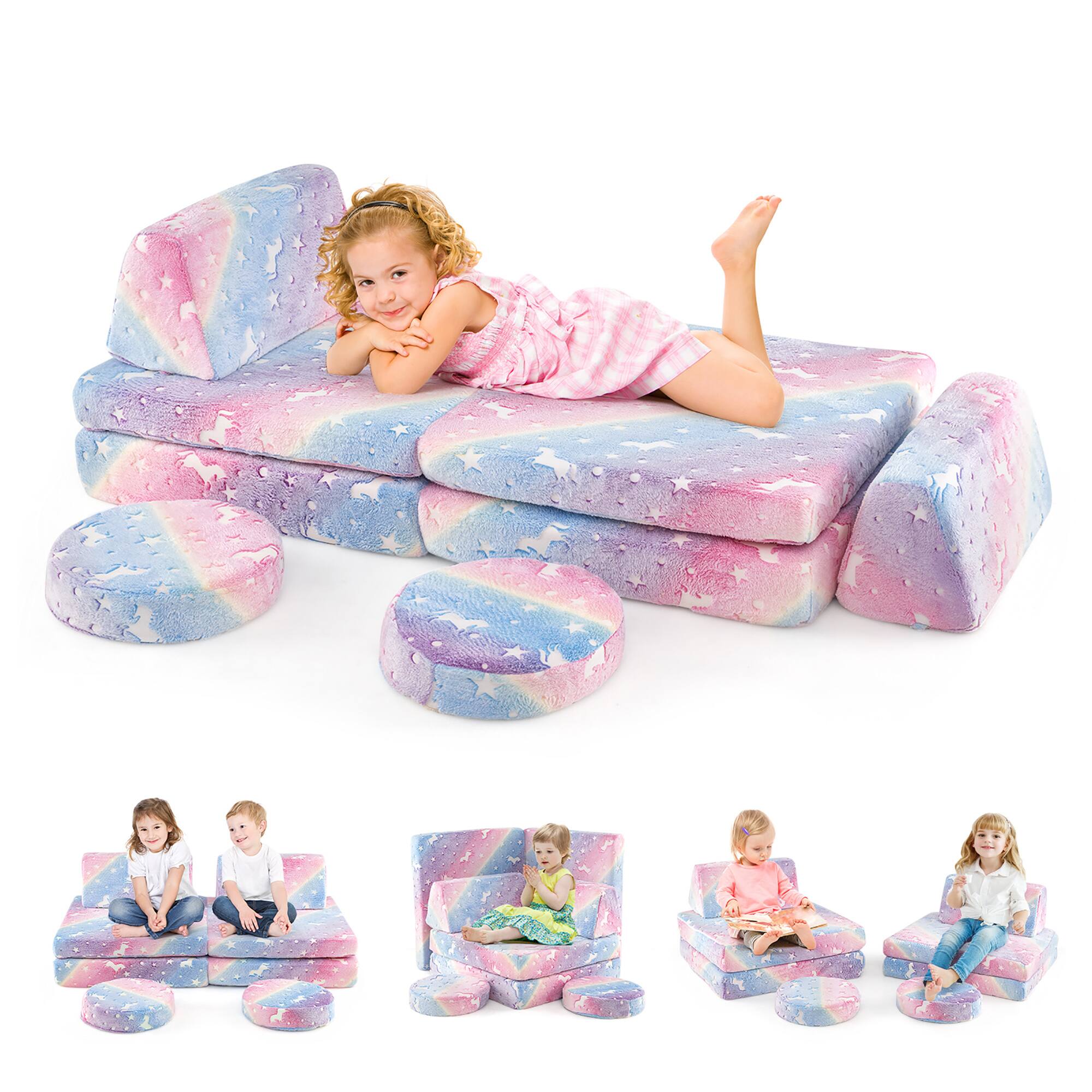 Alt View 9. Gymax - Gymax Glow in the Dark Modular Kids Play Couch Set w/ Machine-washable Flannel Covers - Multicolor.