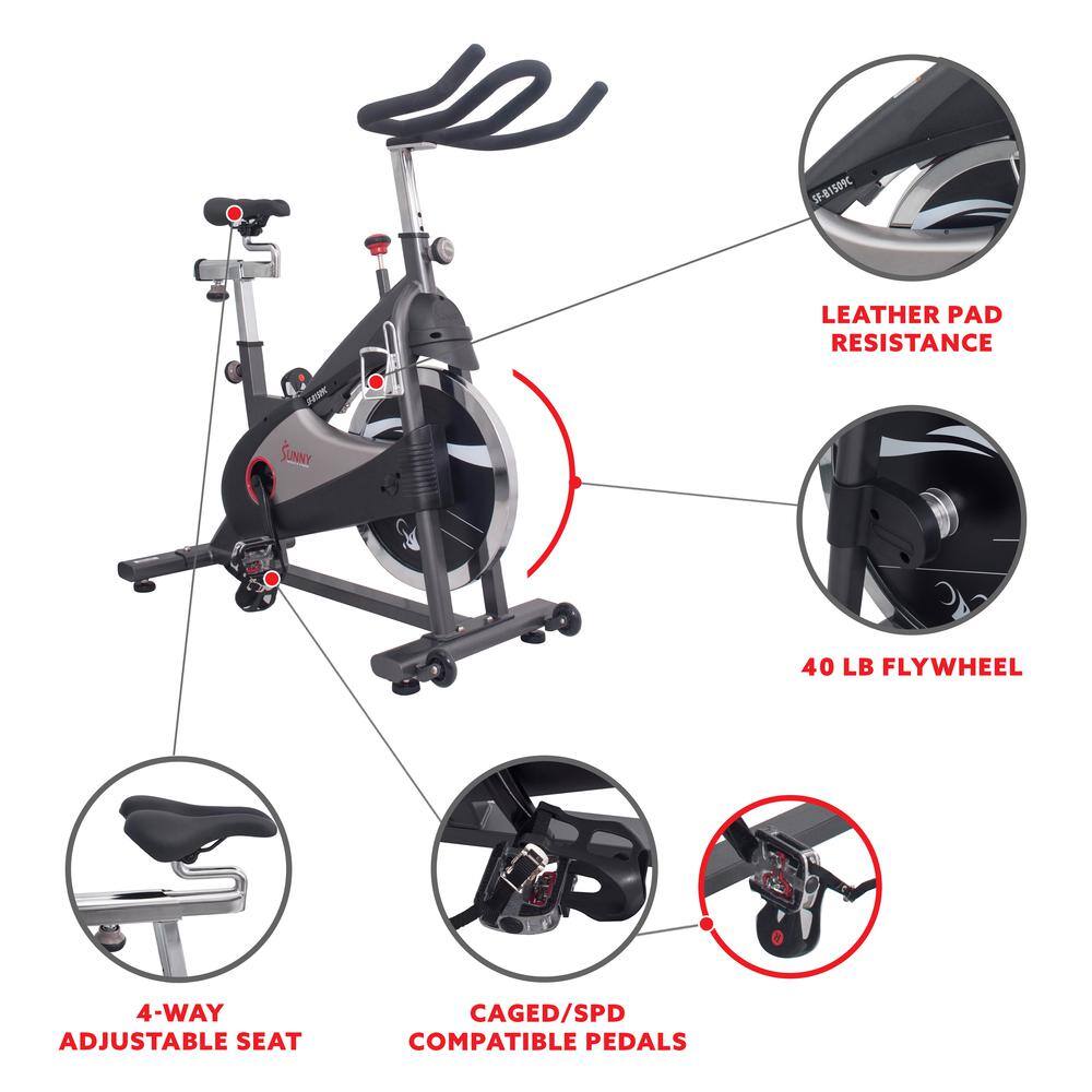 SF81509C LEATHER PAD RESISTANCE SUNNY 40 LB FLYWHEEL 4-WAY ADJUSTABLE SEAT CAGED/SPD COMPATIBLE PEDALS