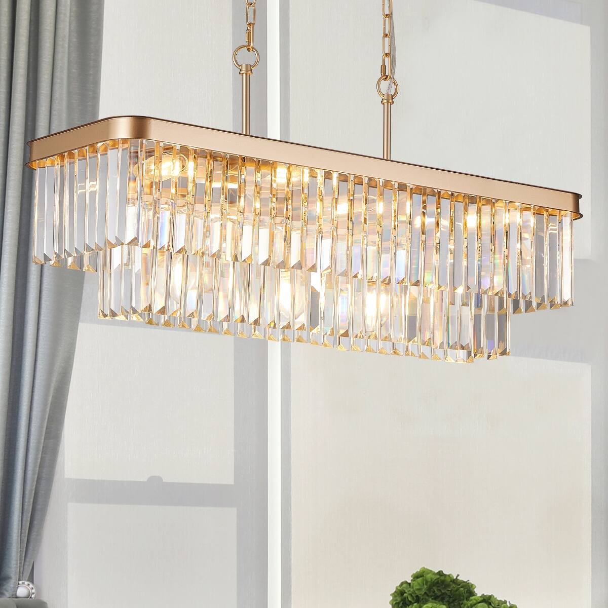 Back. Loheer - Loheer Rectangular Crystal Chandelier Gold E12 Adjustable Height Light for Dining Room.