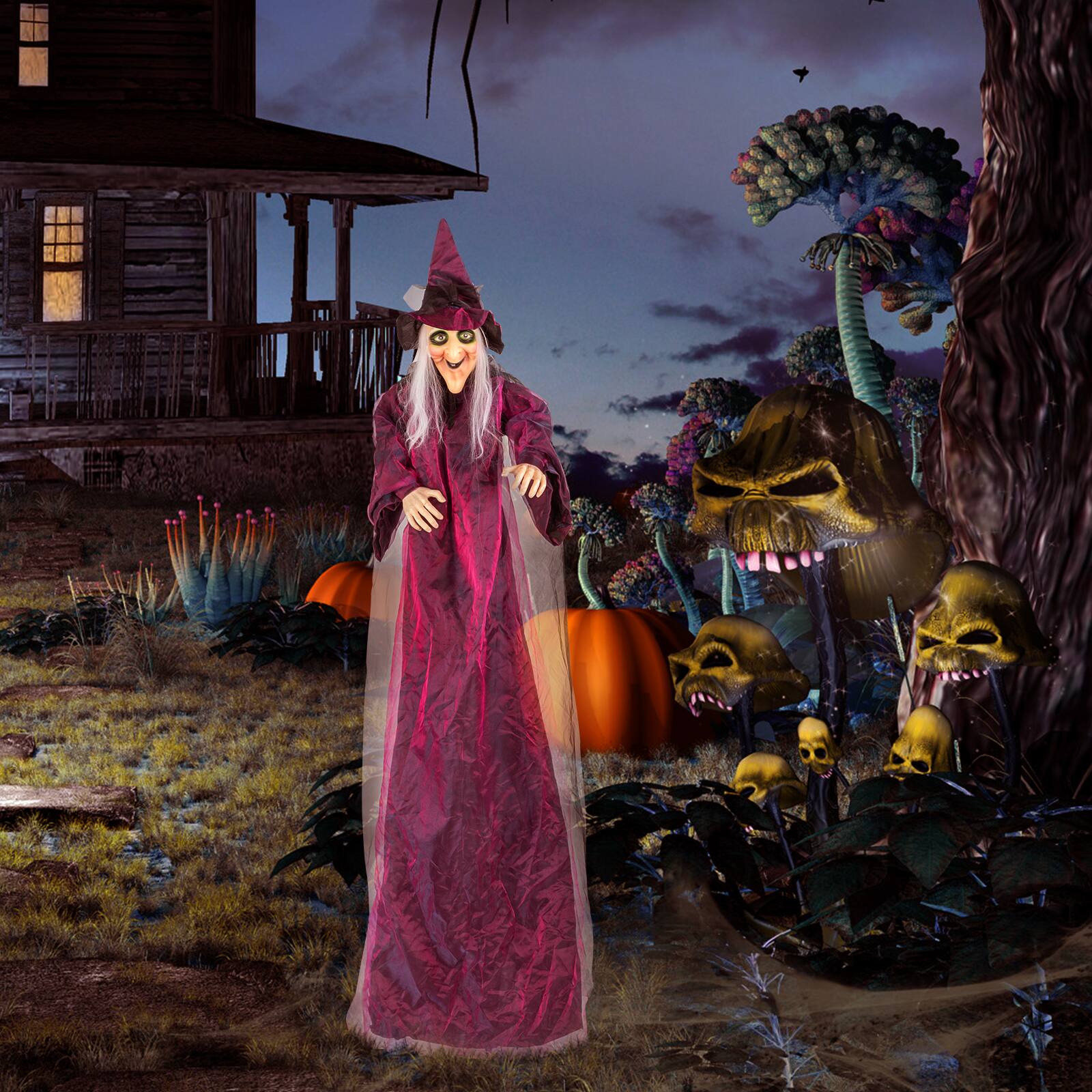Alt View 1. Sunoyar - 71" Life Size Hanging Witch Decoration, Animated Talking Halloween Prop with Sound, Indoor/Outdoor Haunted House Decor - Purple.