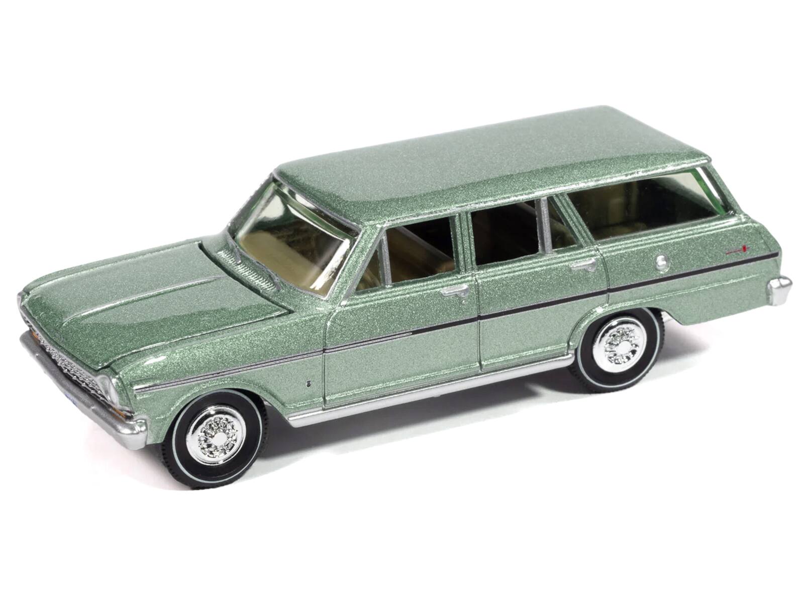 Left. Autoworld - 1963 Chevrolet II Nova 400 Wagon Laurel Green Metallic "Vintage Muscle" Series 1/64 Diecast Model Car by Auto World - Green Metallic.
