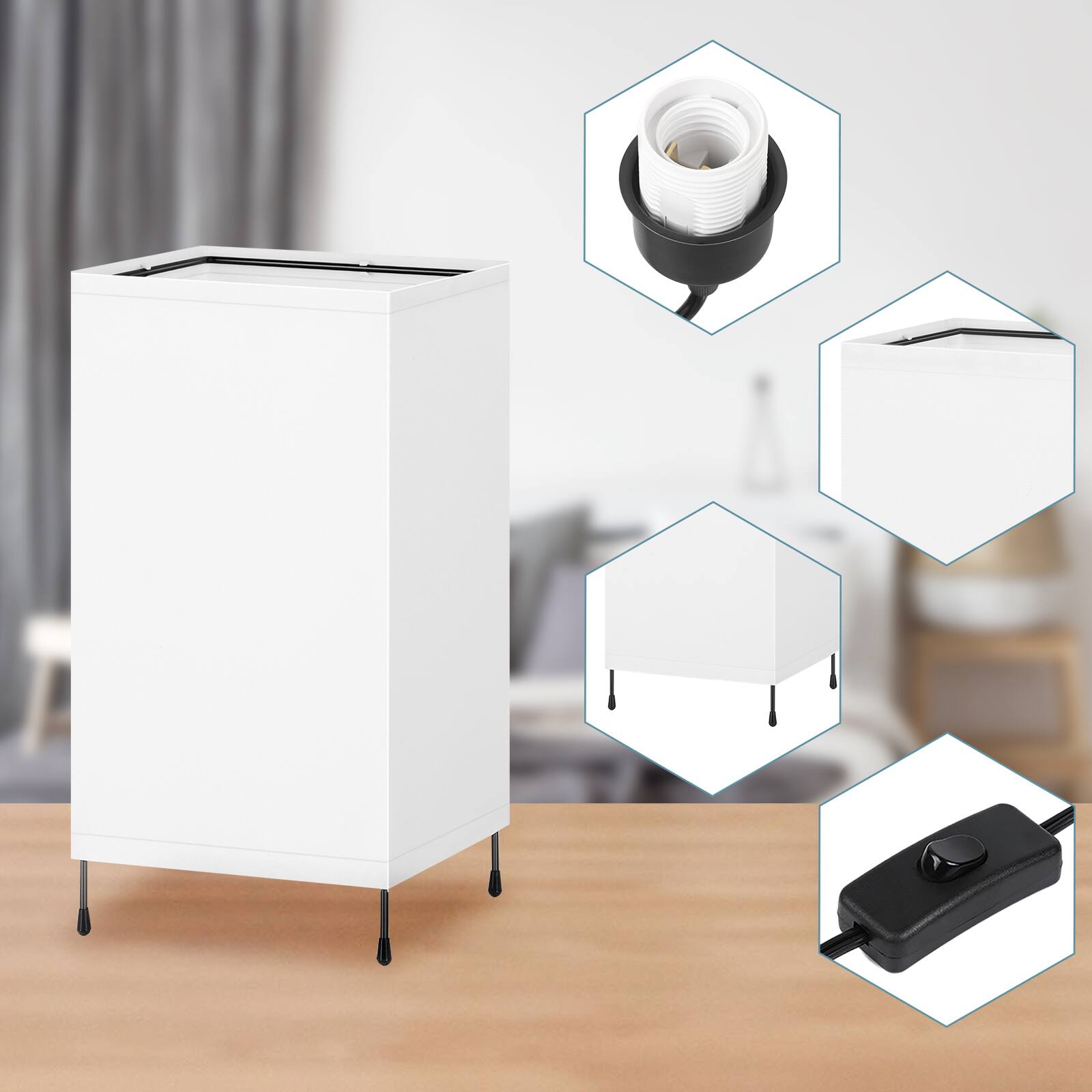 Back. Oumilen - Set of 2 White Square Fabric Table Lamps, 10.63in Tall, E26 Socket, Bulbs Not Included.
