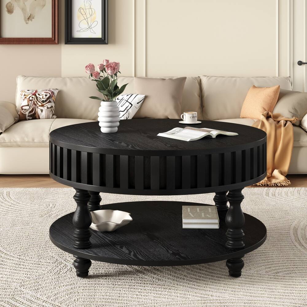 Loheer Fluted Coffee Table, Round Center Table with Storage, Solid Wood ...