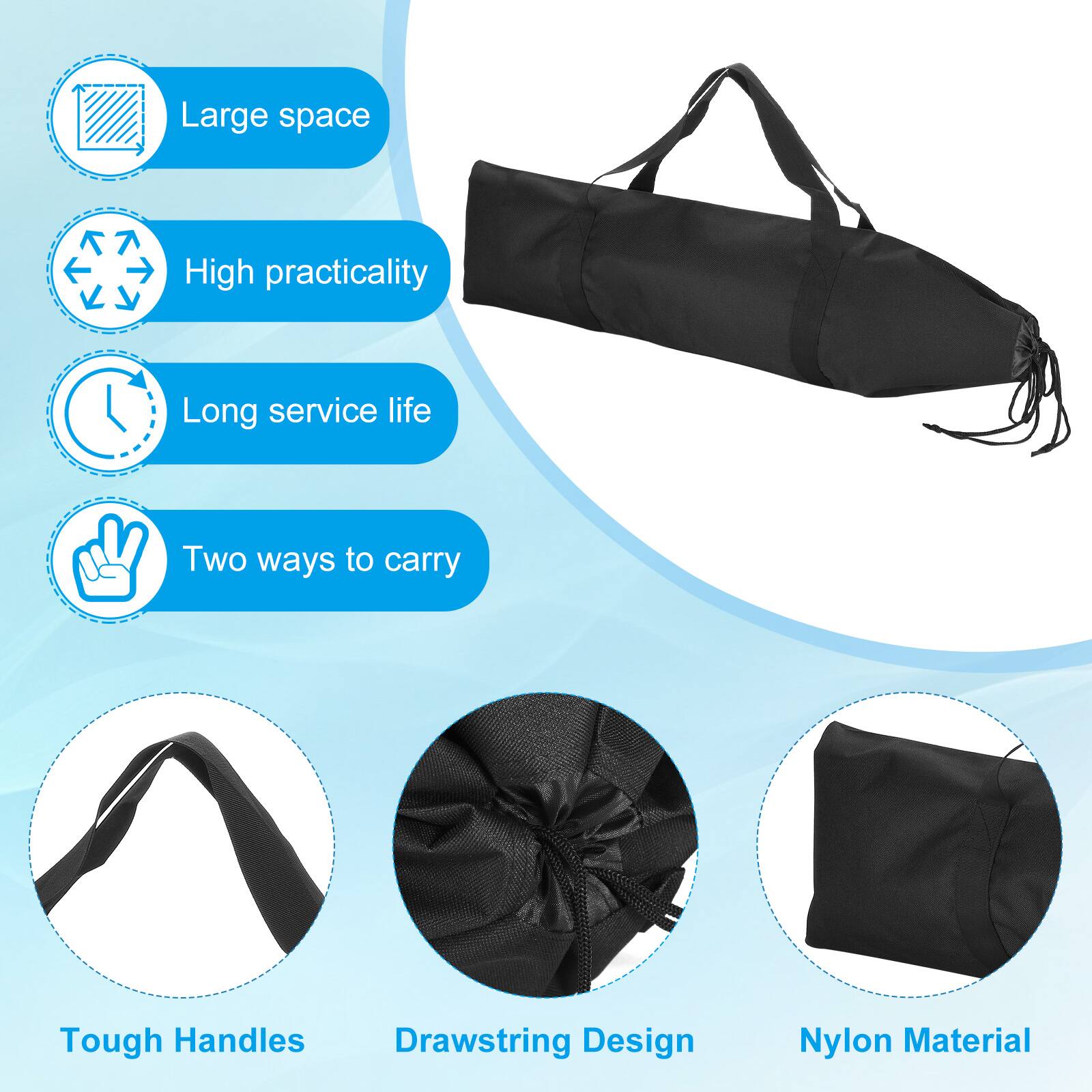- Large space
- High practicality
- Long service life
- Two ways to carry
- Tough Handles
- Drawstring Design
- Nylon Material