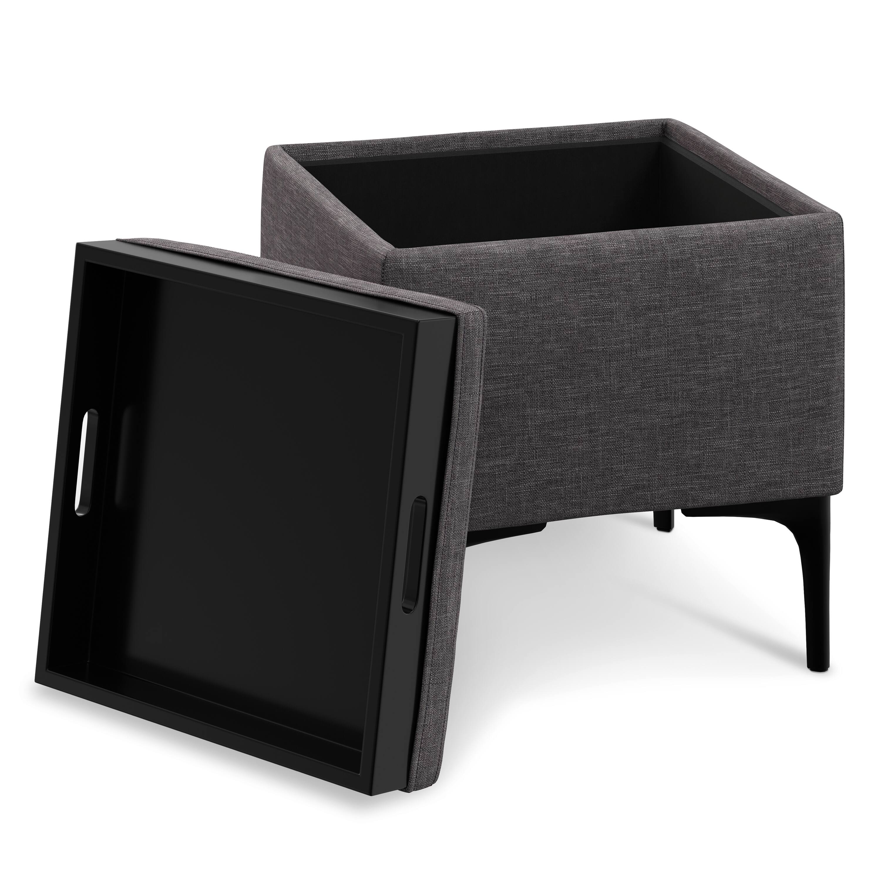 Left. Simpli Home - Natasha 18 inch Wide Mid Century Square Mid Century Storage Ottoman with Tray in Slate Grey Polyester Linen, Assembled - Slate Grey.