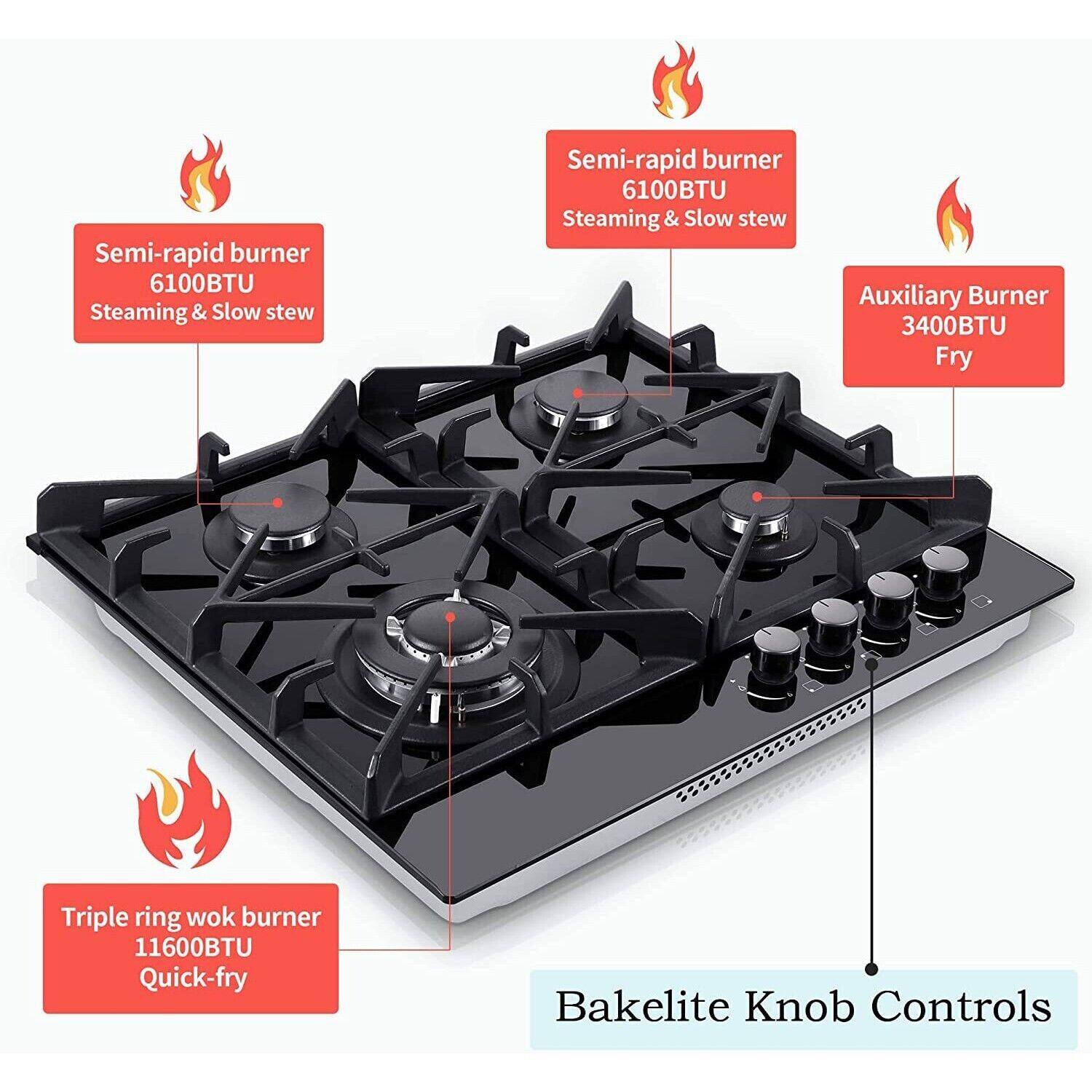 - Semi-rapid burner 6100BTU Steaming & Slow stew
- Semi-rapid burner 6100BTU Steaming & Slow stew
- Auxiliary Burner 3400BTU Fry
- Triple ring wok burner 11600BTU Quick-fry
- Bakelite Knob Controls