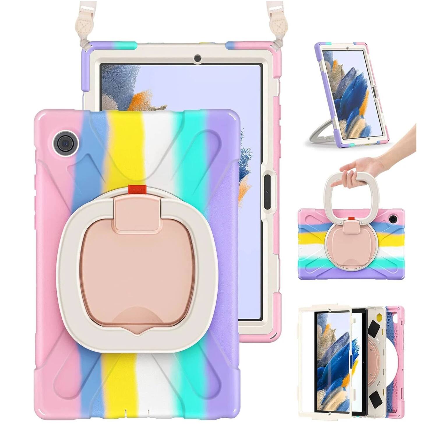 Front. Stock Preferred - Kickstand Shockproof Case for Samsung Galaxy Tab A8 10.5" - Rainbow Pink.