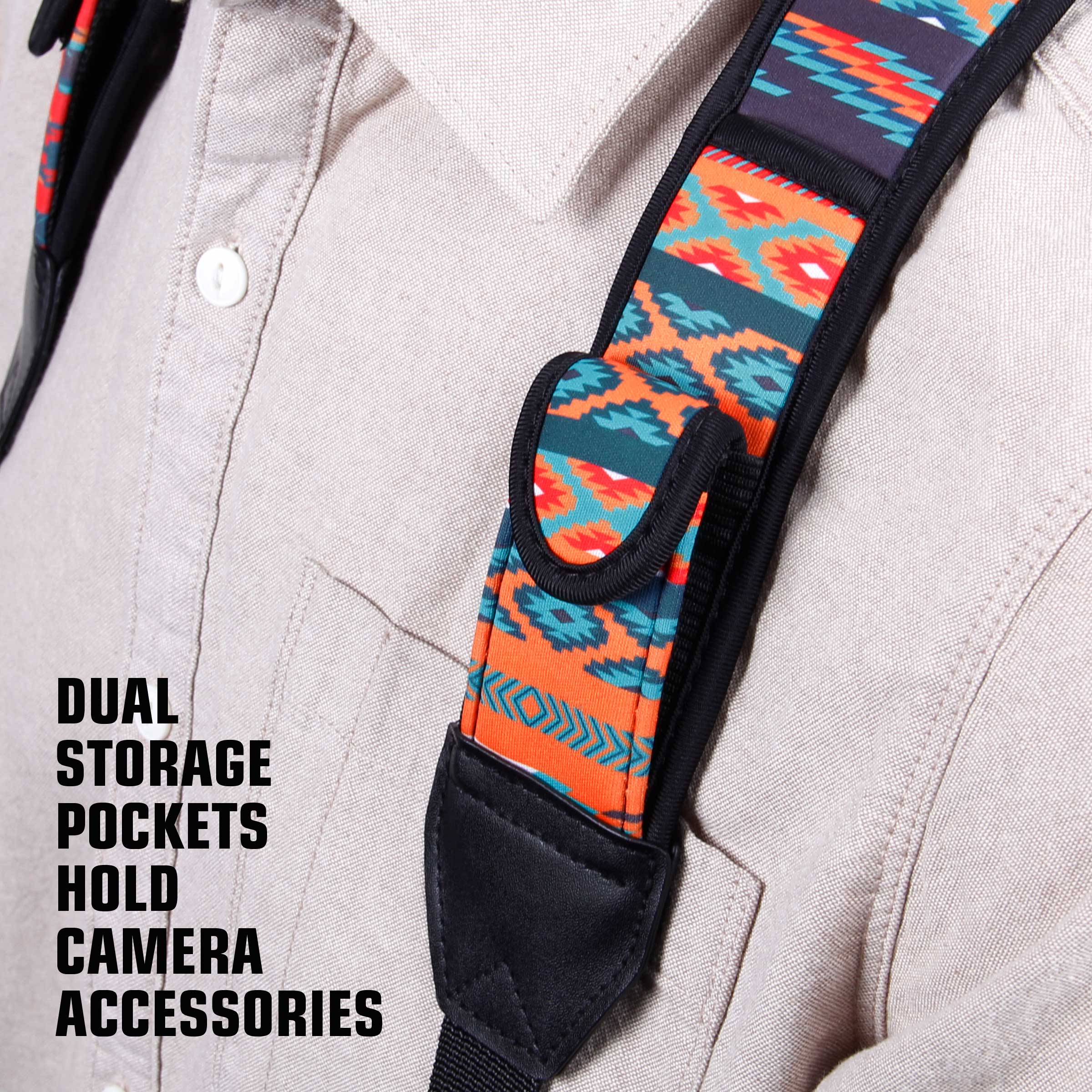 DUAL STORAGE POCKETS HOLD CAMERA ACCESSORIES