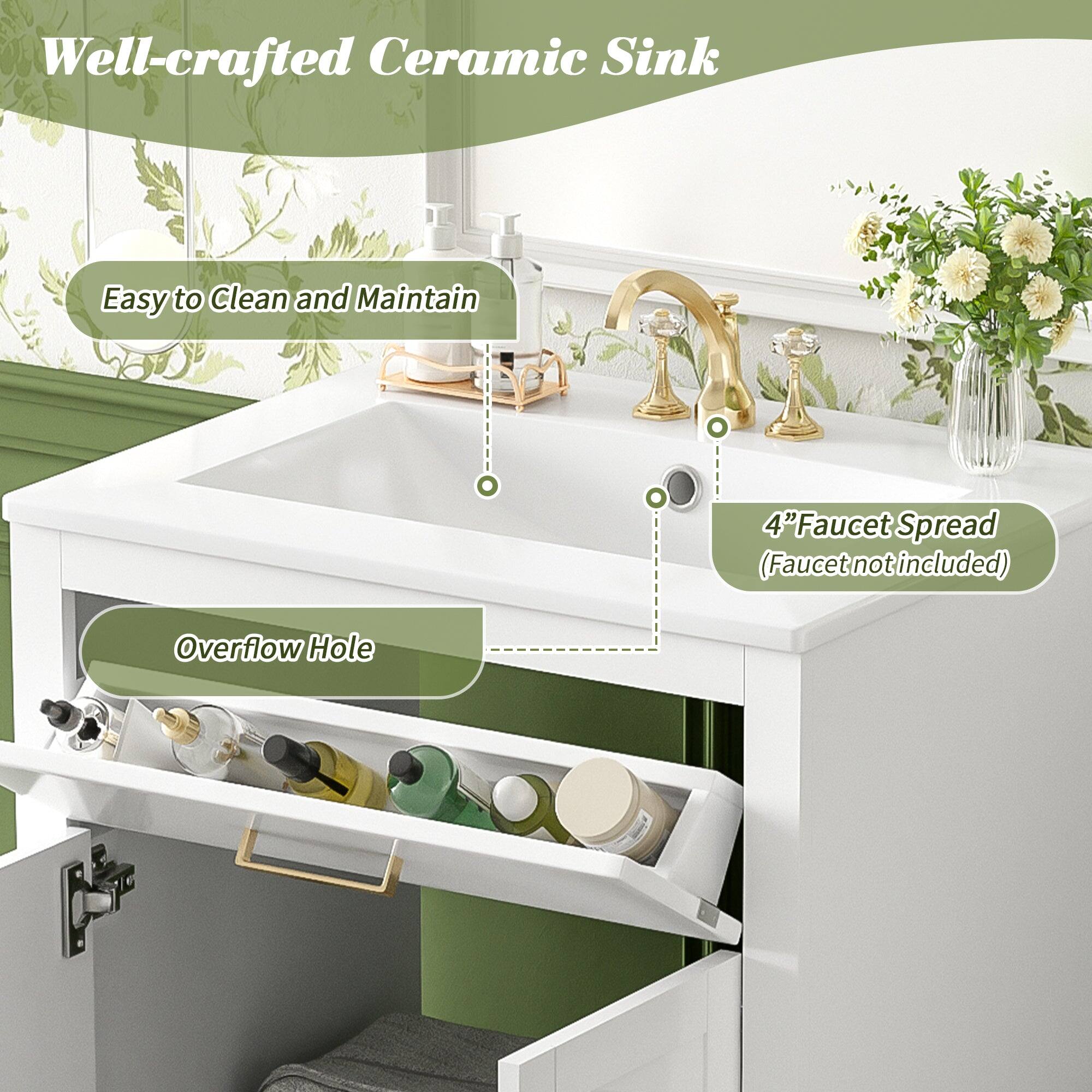 Well-crafted Ceramic Sink

Easy to Clean and Maintain

4" Faucet Spread (Faucet not included)

Overflow Hole