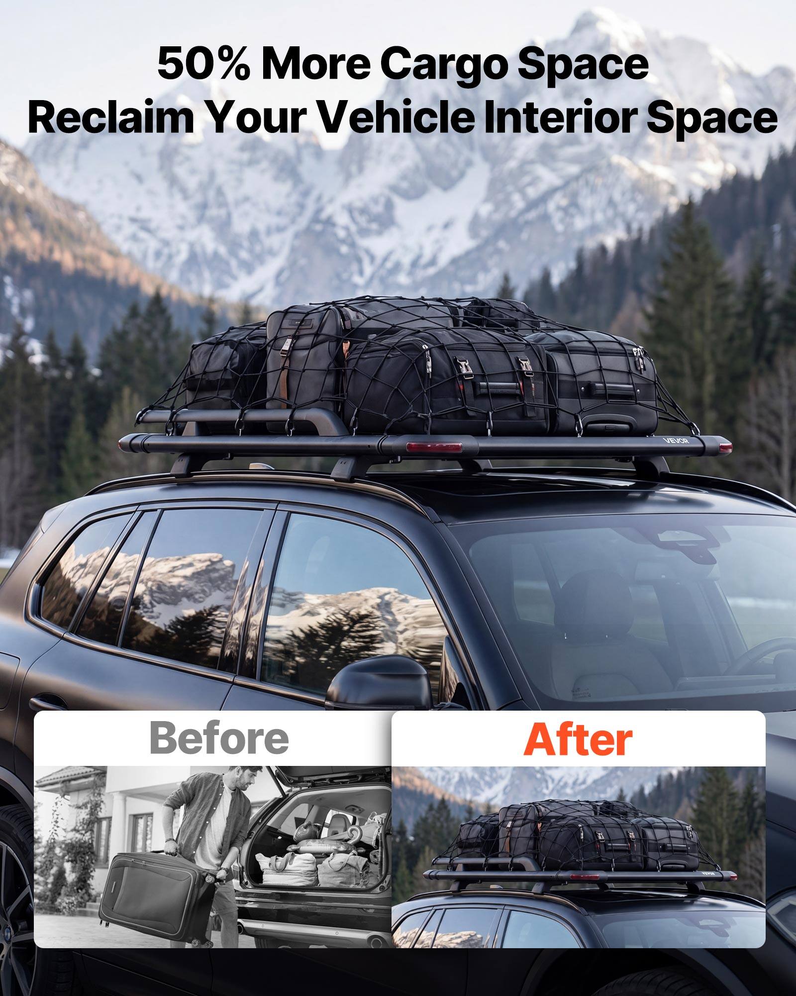 50% More Cargo Space  
Reclaim Your Vehicle Interior Space  

Before  
After