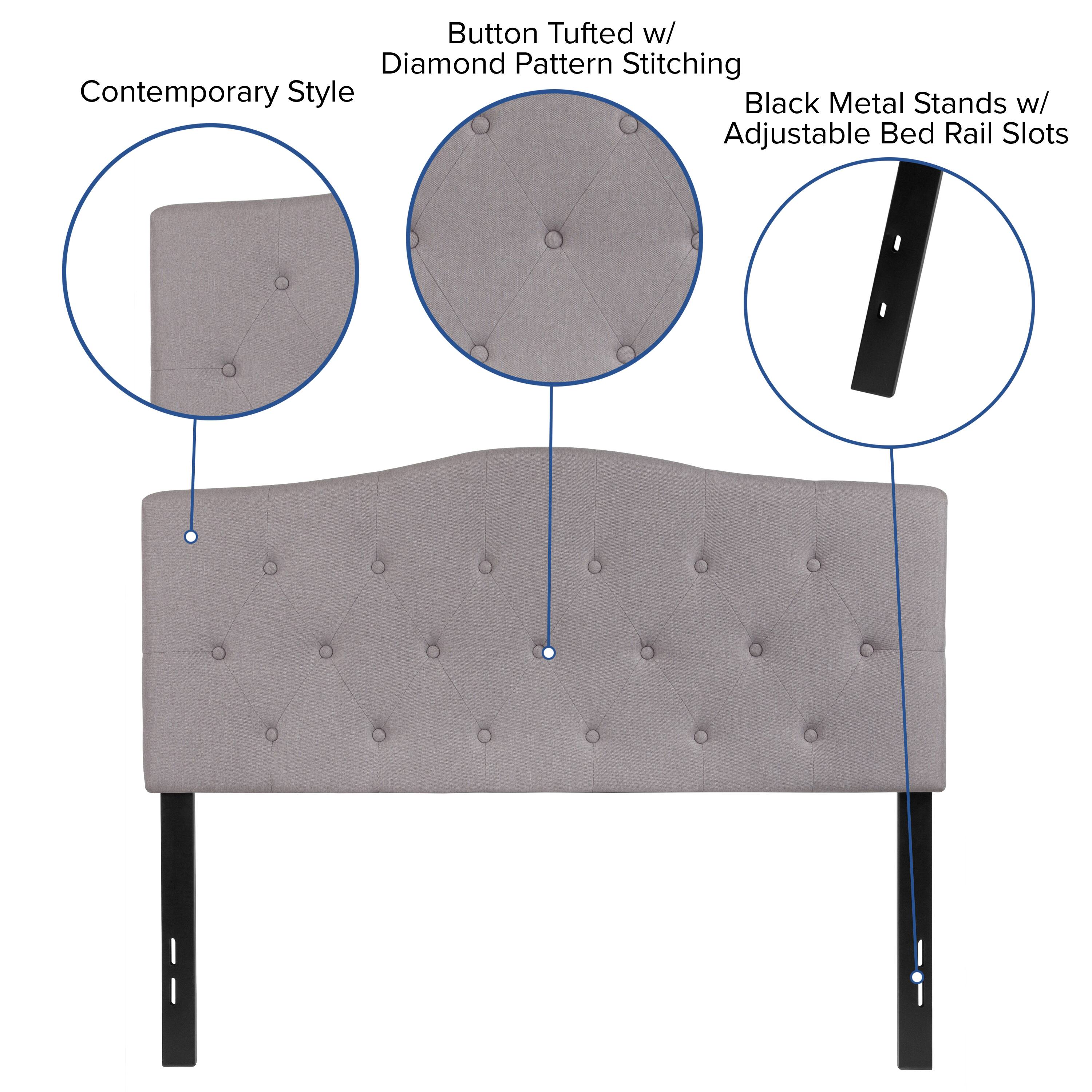 Button Tufted w/ Diamond Pattern Stitching  
Contemporary Style  
Black Metal Stands w/ Adjustable Bed Rail Slots