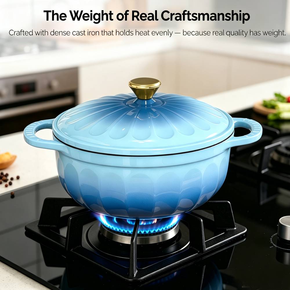 The Weight of Real Craftsmanship  
Crafted with dense cast iron that holds heat evenly — because real quality has weight.