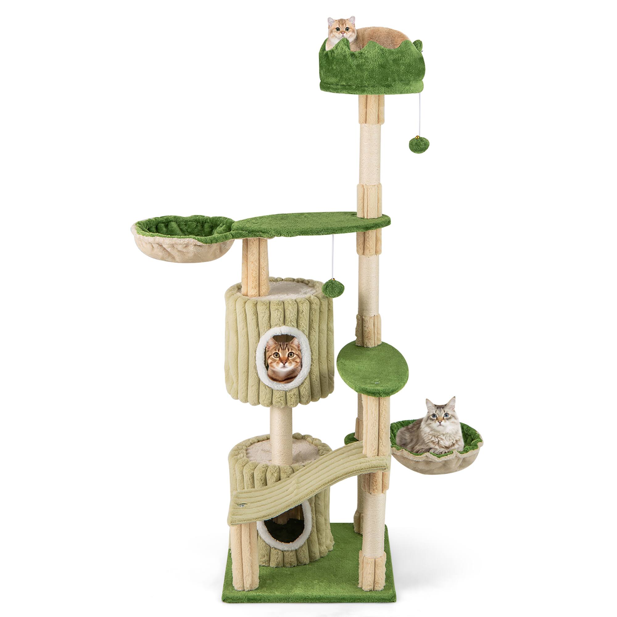 Alt View 9. Gymax - Gymax 63'' Tall Cat Tree w/ 2 Condos Plush Padded Top Perch 2 Hammocks 2 Dangling Balls Green.