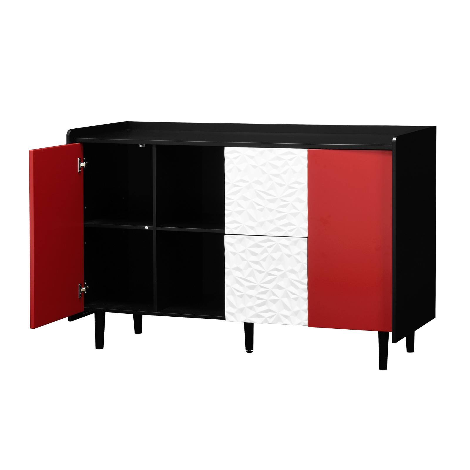 Alt View 7. Spaco - Spaco Buffet Cabinet, 2-Drawer Coffee Bar Storage with Open Compartments, Modern Sideboard for Kitchen Dining Room - Black+Red.
