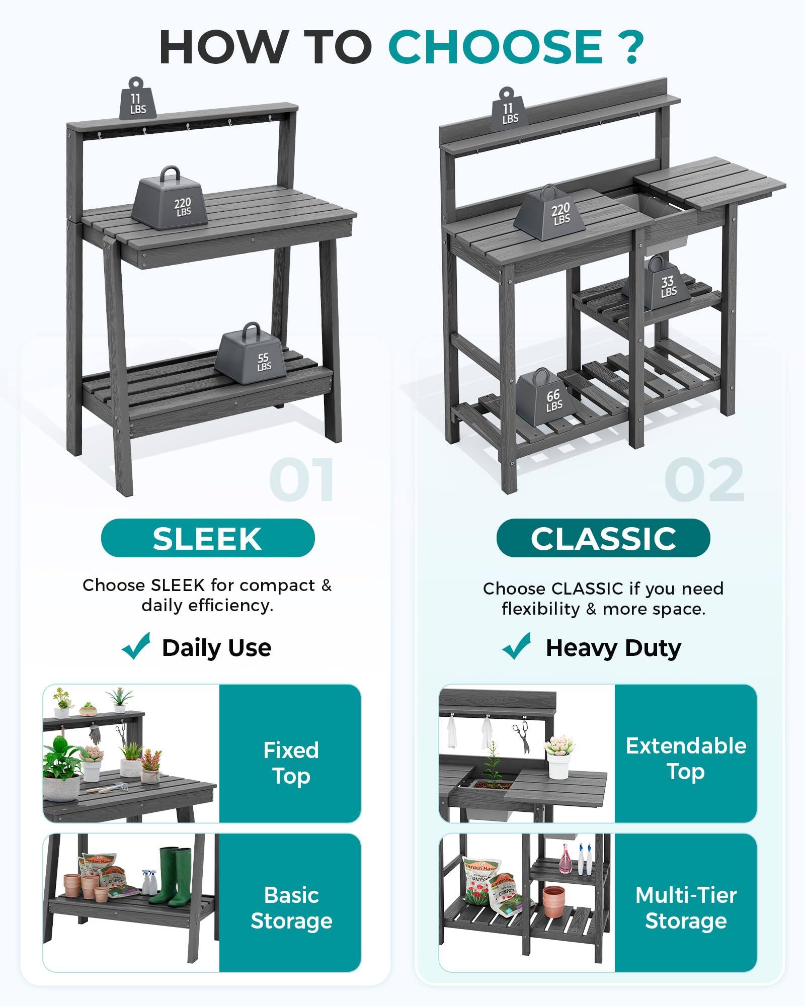 HOW TO CHOOSE?

11 LBS 11 LBS 220 LBS 220 LBS 33 LBS 55 LBS 66 LBS

01 SLEEK
Choose SLEEK for compact & daily efficiency.
Daily Use
Fixed Top
Basic Storage

02 CLASSIC
Choose CLASSIC if you need flexibility & more space.
Heavy Duty
Extendable Top
Multi-Tier Storage