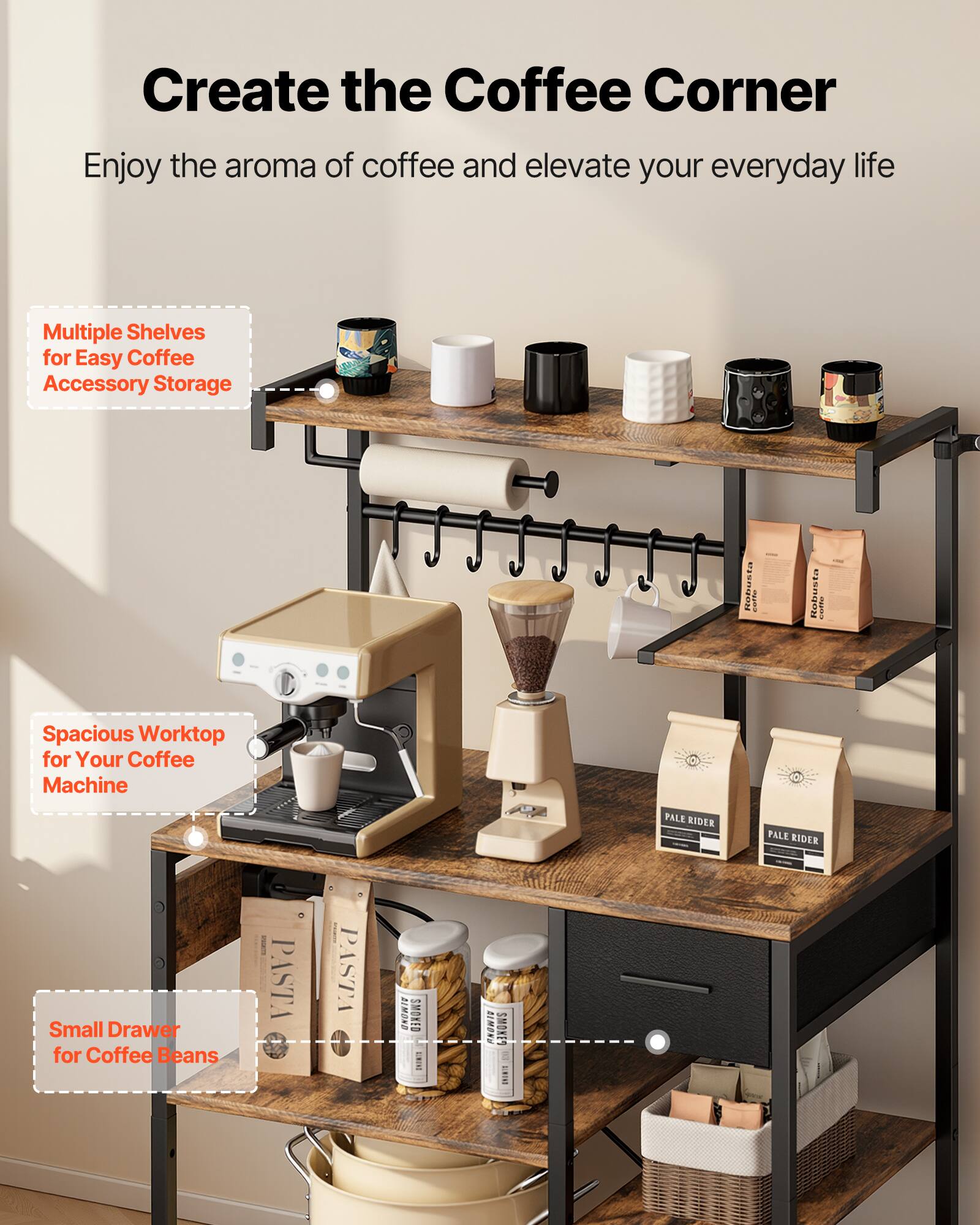 Create the Coffee Corner  
Enjoy the aroma of coffee and elevate your everyday life  

Multiple Shelves for Easy Coffee Accessory Storage  

Spacious Worktop for Your Coffee Machine  

Small Drawer for Coffee Beans