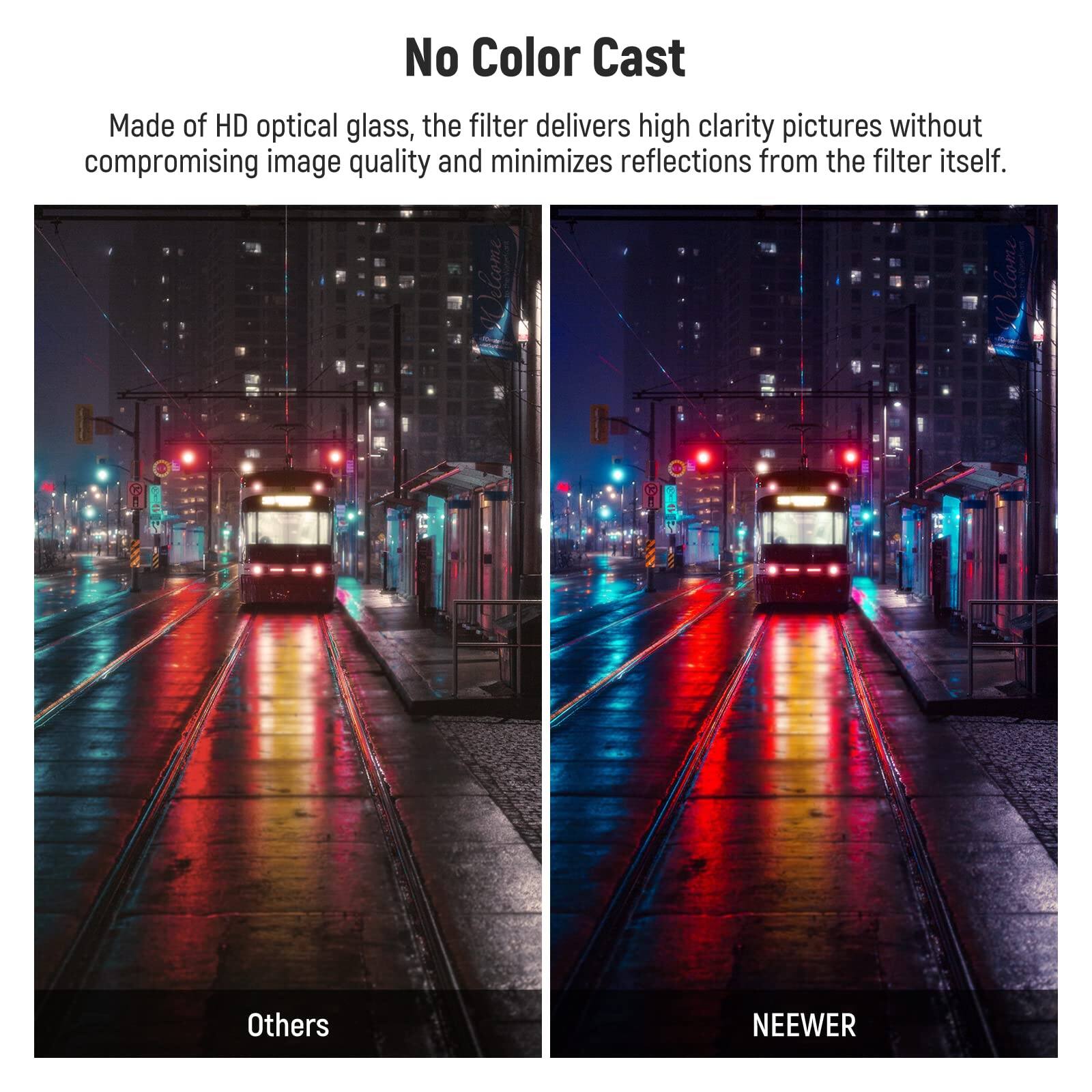 No Color Cast

Made of HD optical glass, the filter delivers high clarity pictures without compromising image quality and minimizes reflections from the filter itself.

Others

NEEWER