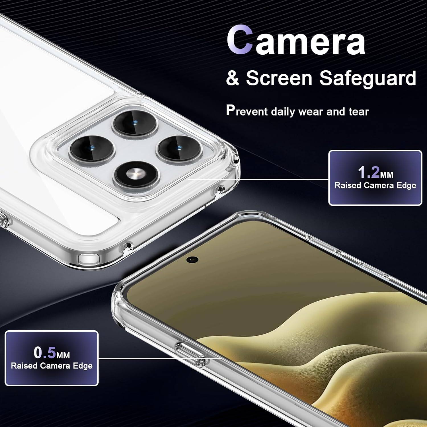 Camera & Screen Safeguard  
Prevent daily wear and tear  
1.2mm Raised Camera Edge  
0.5mm Raised Camera Edge