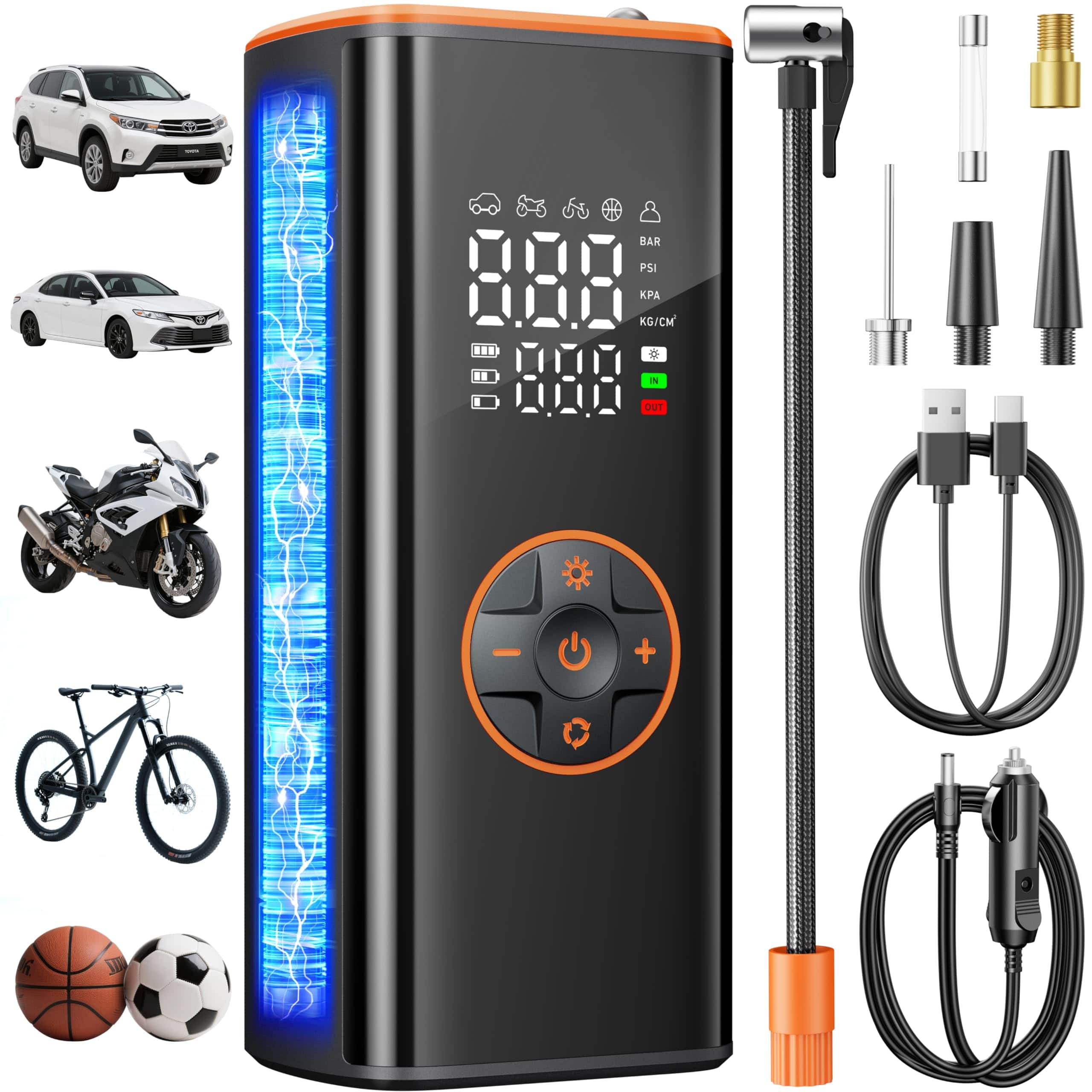 JETRANSPORT - Tire Inflator Portable Air Compressor 5 In 1 Cordless Smart Pump With Gauge 150psi And Led Lights For Cars - Orange-black