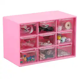 Unique Bargains - Mini Storage Drawers for Desk, Plastic Desktop Teacher Desk with 9 Drawers Organizer Box for Supplies Bathroom - Rose Red