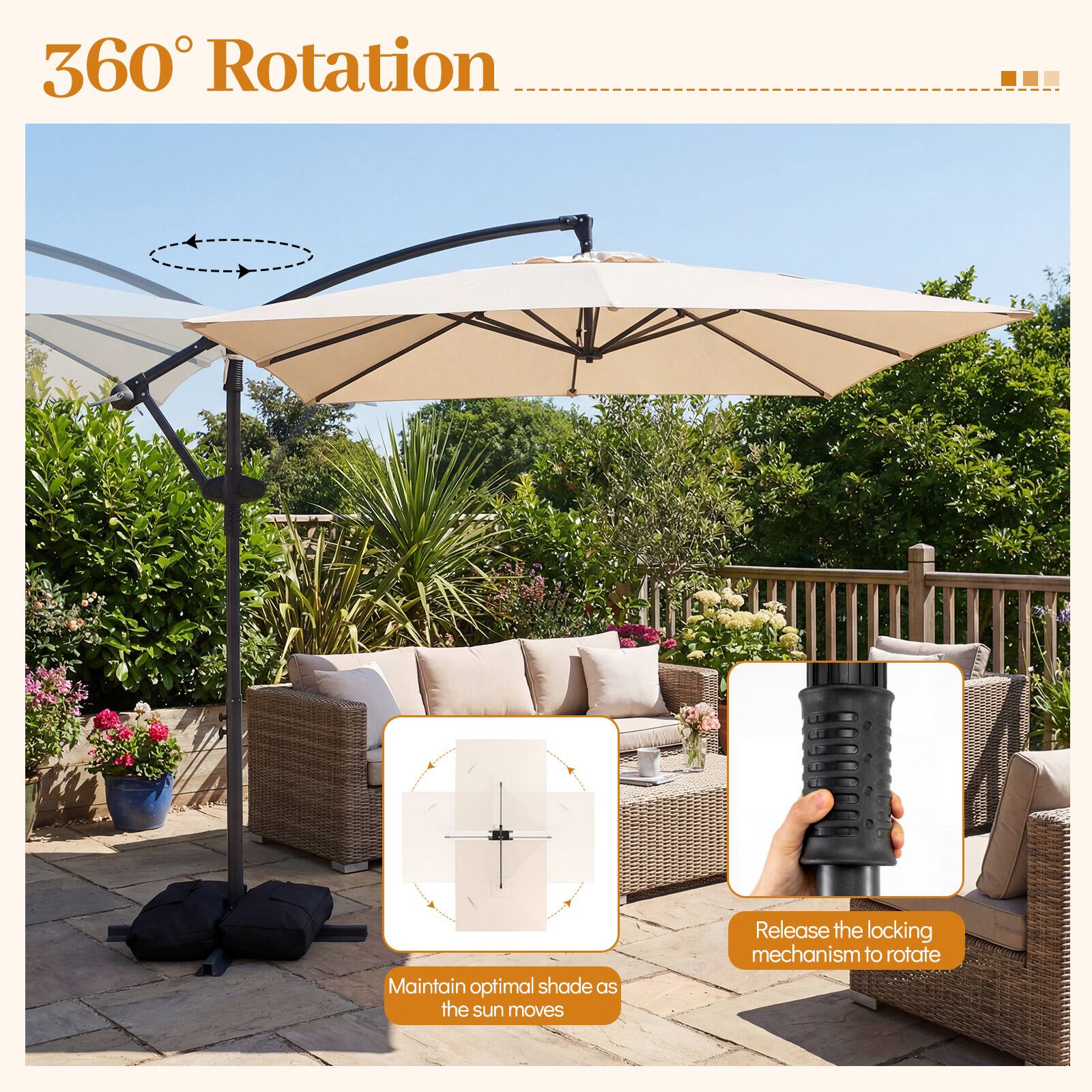 360° Rotation

Maintain optimal shade as the sun moves

Release the locking mechanism to rotate