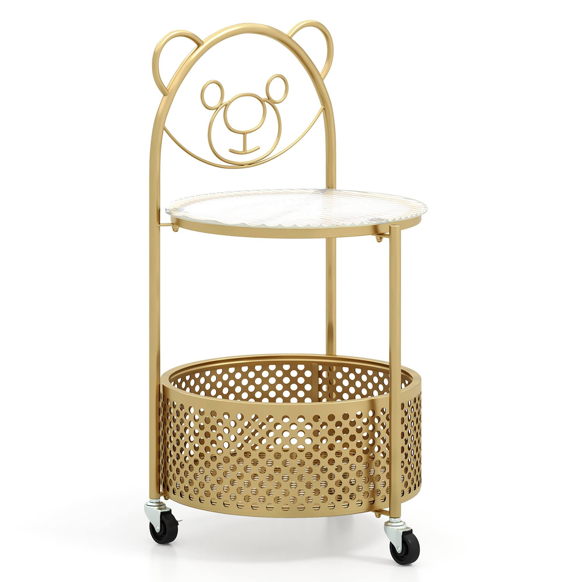 Alt View 9. Gymax - Gymax 2-Tier Mobile Glass Coffee Table w/ Bear Pattern Storage Basket Transparent & Golden - Transparent, Golden.