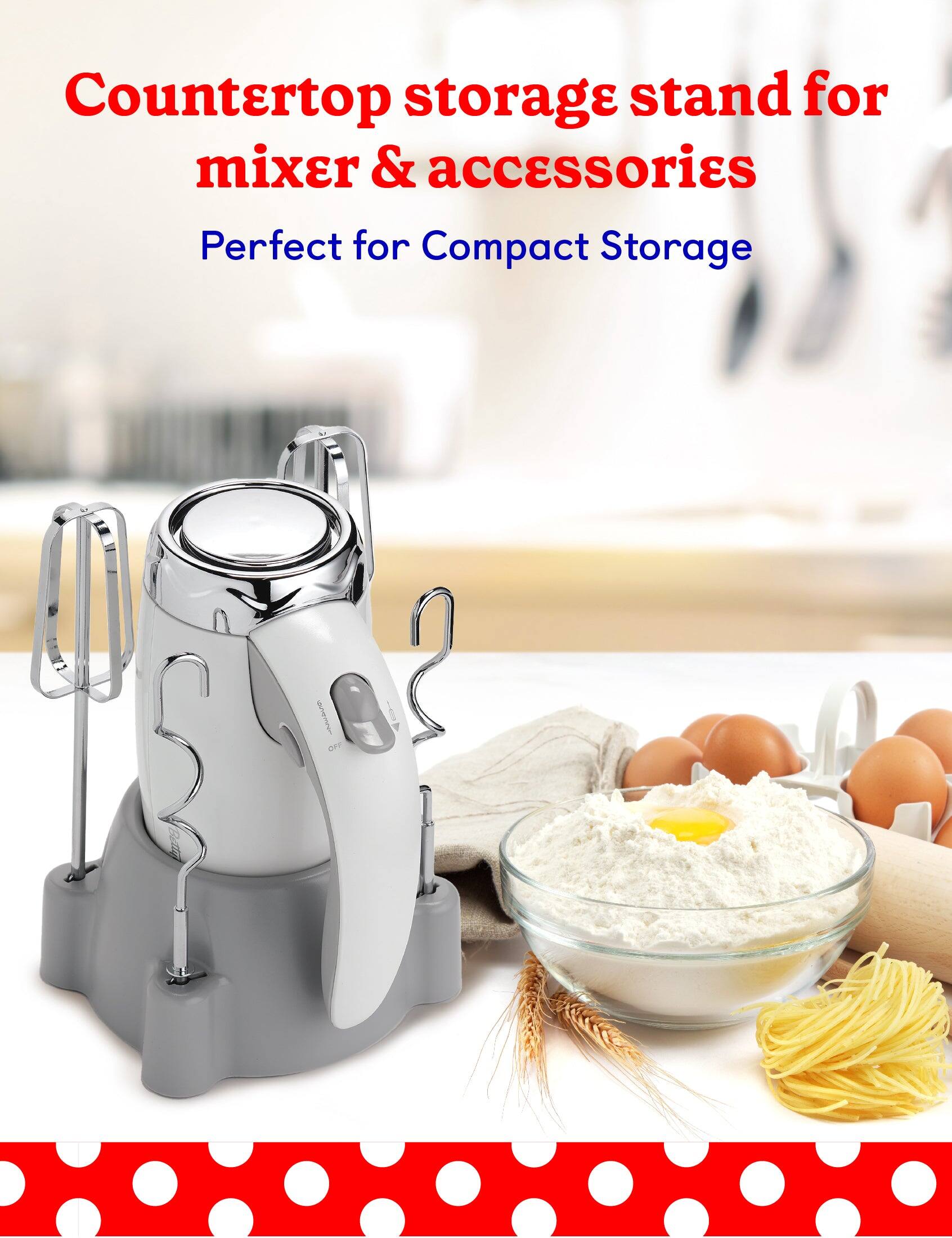Countertop storage stand for mixer & accessories. Perfect for compact storage.