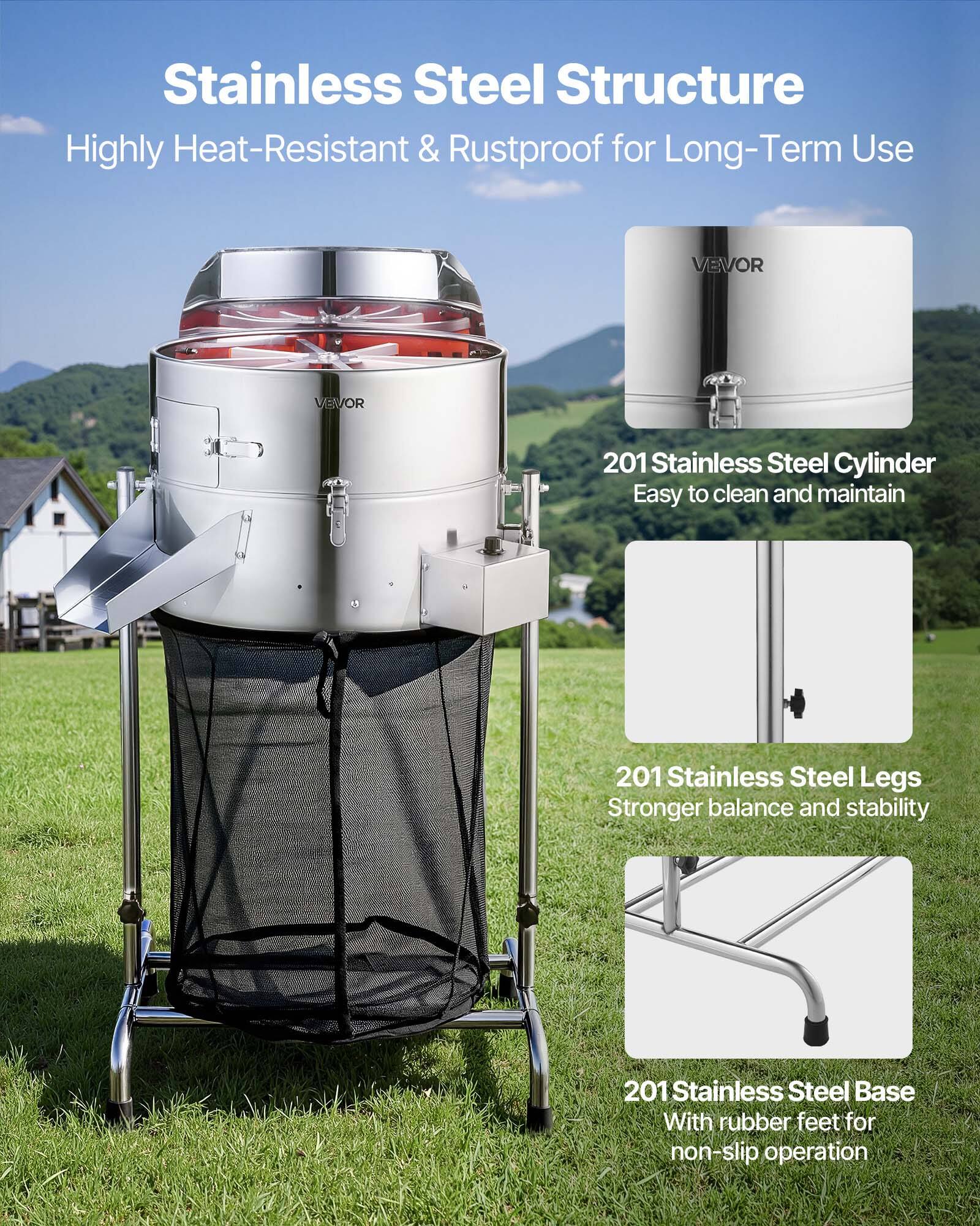 Stainless Steel Structure  
Highly Heat-Resistant & Rustproof for Long-Term Use  

201 Stainless Steel Cylinder  
Easy to clean and maintain  

201 Stainless Steel Legs  
Stronger balance and stability  

201 Stainless Steel Base  
With rubber feet for non-slip operation