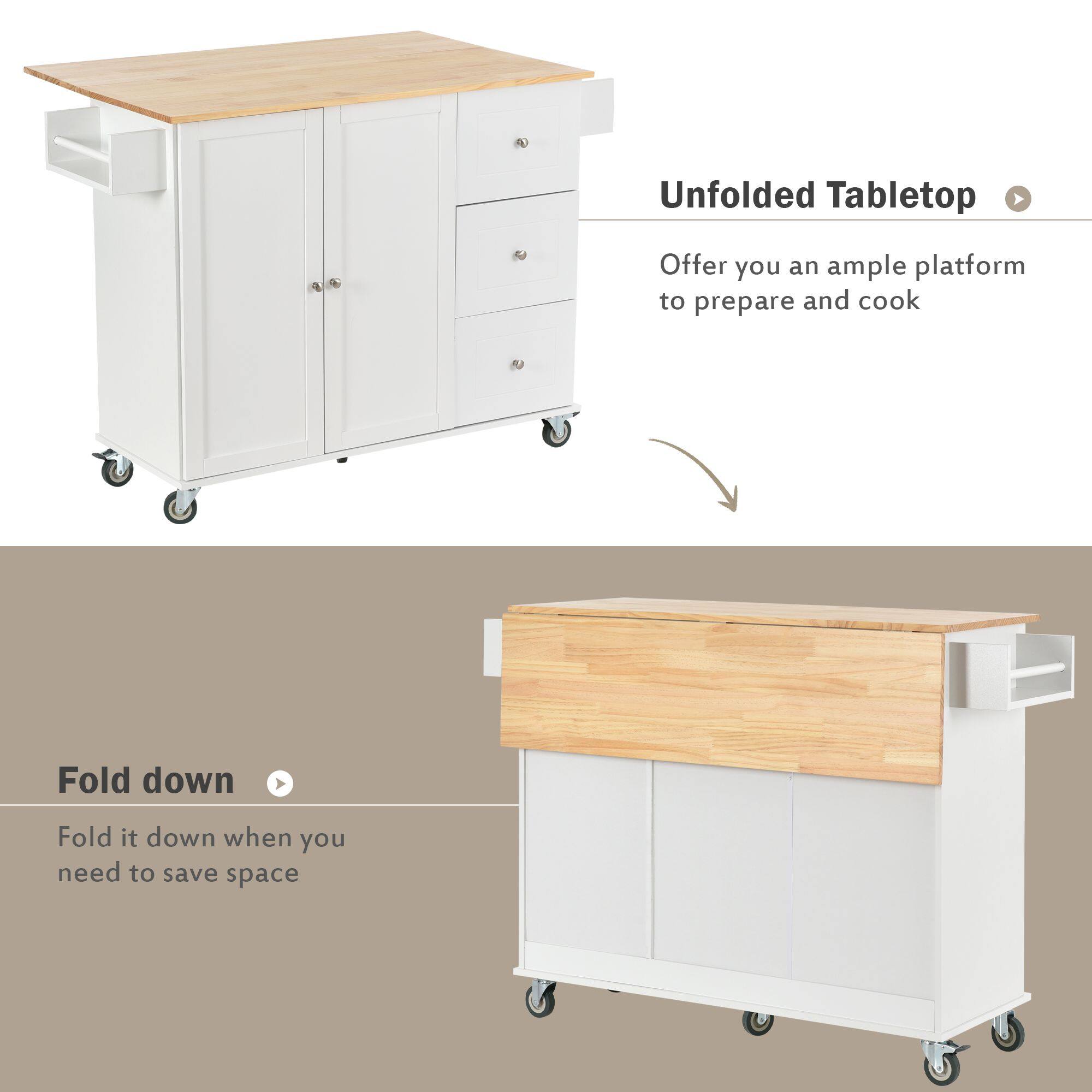 Unfolded Tabletop  
Offer you an ample platform to prepare and cook  

Fold down  
Fold it down when you need to save space