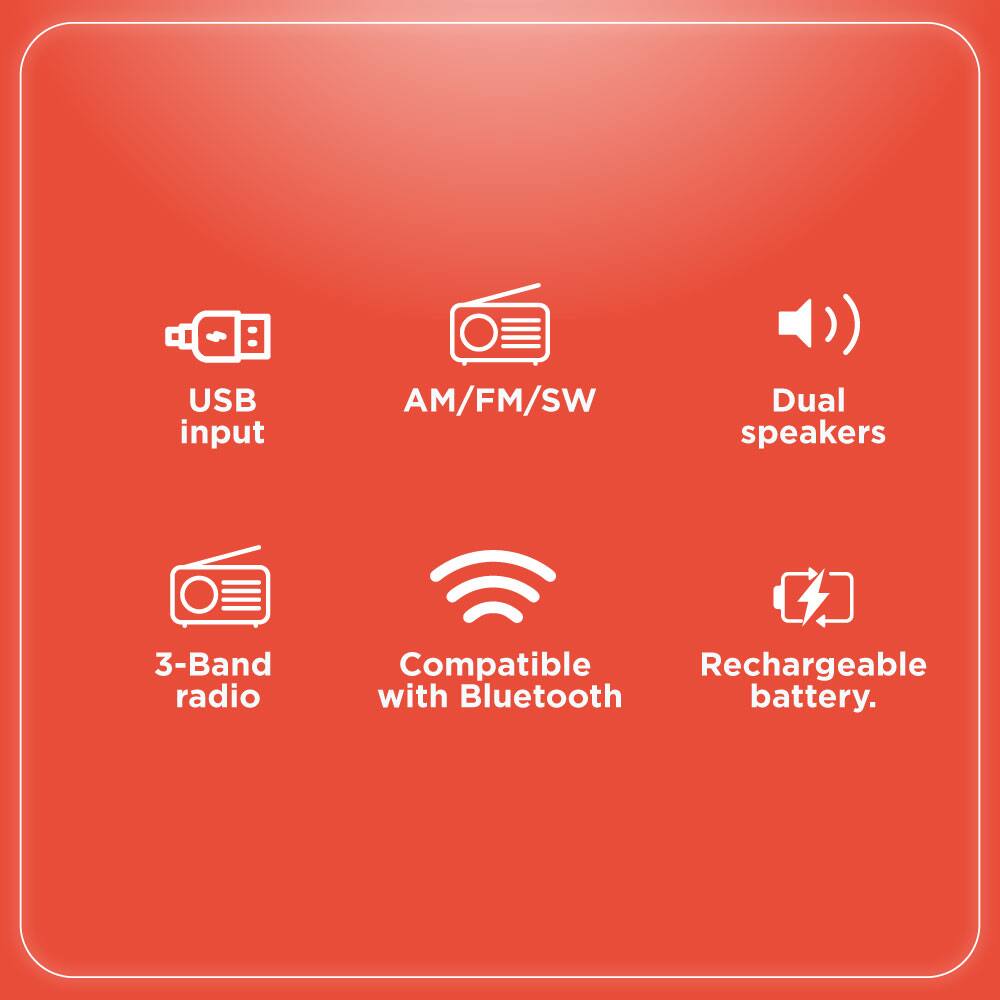 USB input, AM/FM/SW, Dual speakers, 3-Band radio, Compatible with Bluetooth, Rechargeable battery.