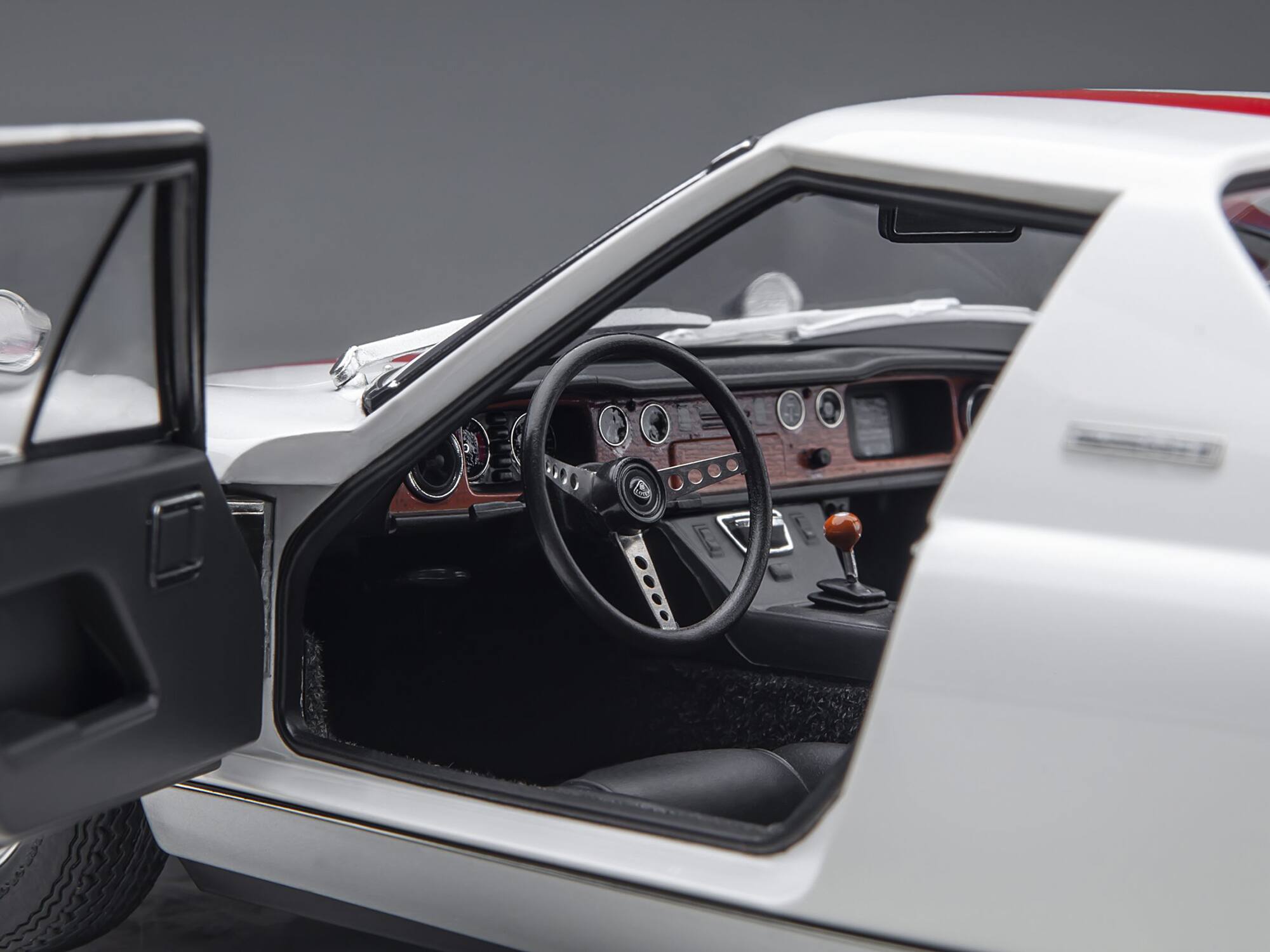 Alt View 3. Autoart - Lotus Europa Special White with Red Stripe and Graphics "The Circuit Wolf" 1/18 Model Car by Autoart.