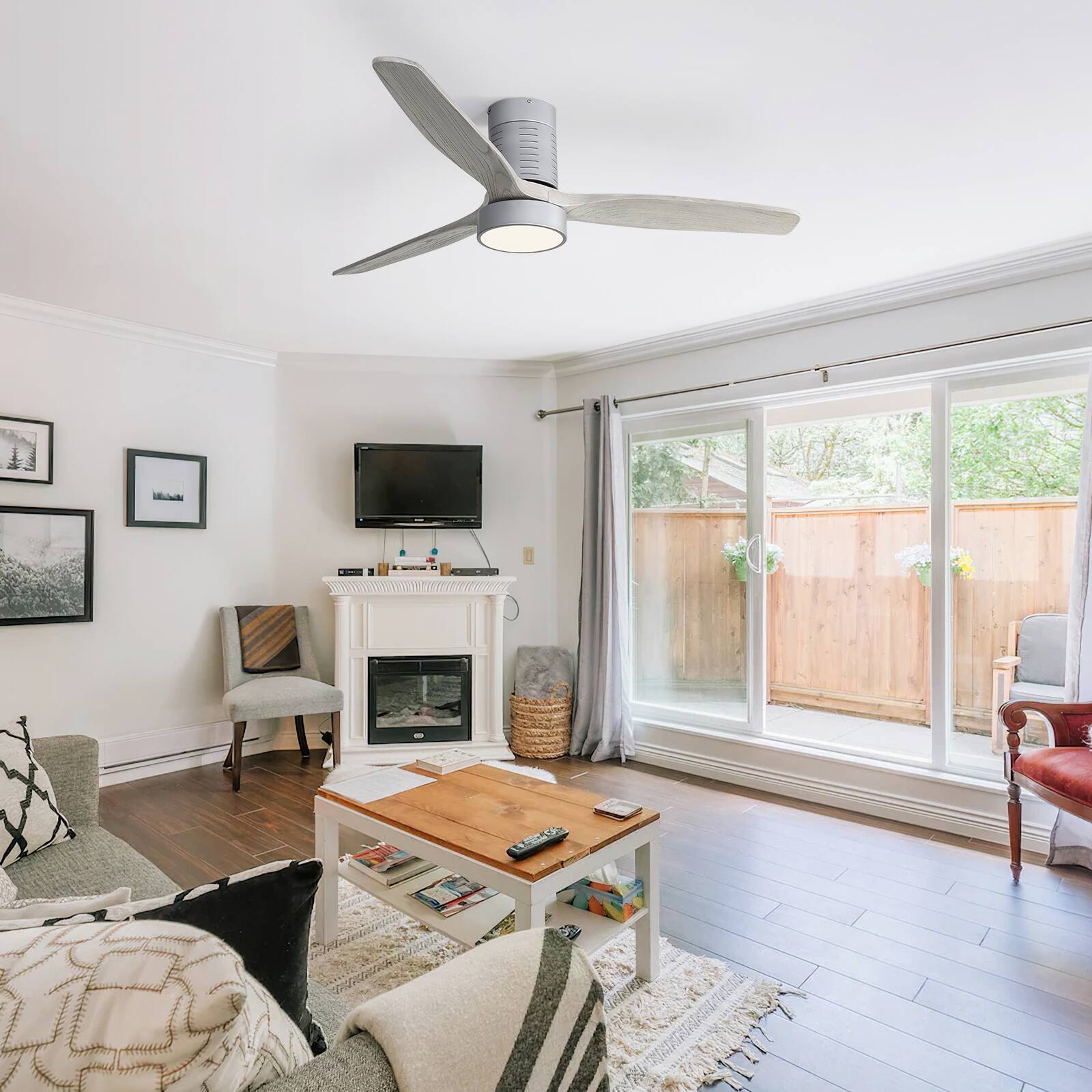 Alt View 4. Sofucor - 52'' Flush Mount LED Ceiling Fan with Remote Indoor/Outdoor 3 Blade Solid Wood Ceiling Fans for Bedroom Patio Farmhouse - Silver-Grey Wood.