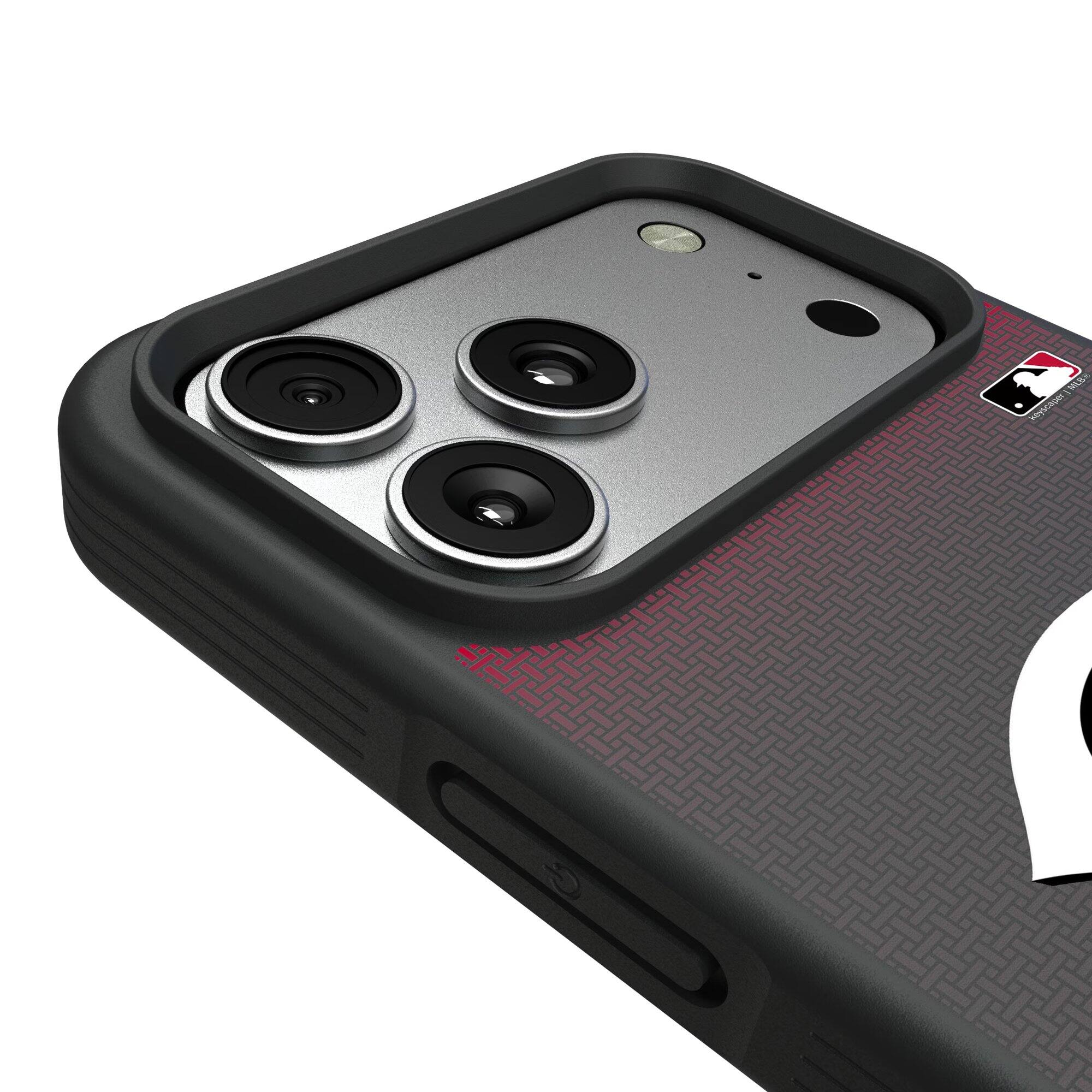 Alt View 2. Keyscaper - Cincinnati Reds Linen Logo iPhone Bump Case - 16 Plus - Black.