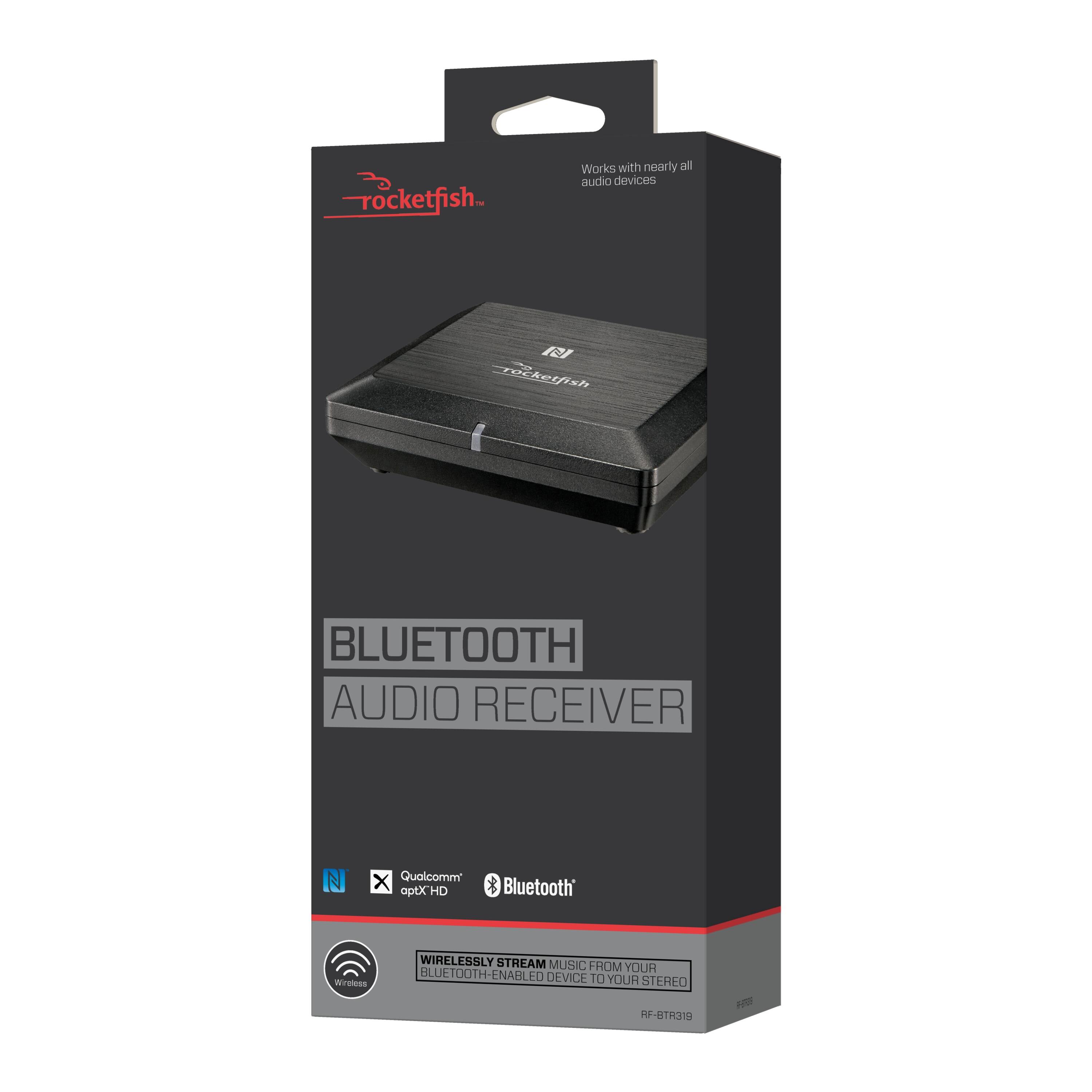 rocketfish Works with nearly all audio devices 2 rocketfish BLUETOOTH AUDIO RECEIVER N X Qualcomm aptX HD Bluetooth WIRELESSLY STREAM MUSIC FROM YOUR BLUETOOTH-ENABLED DEVICE TO YOUR STEREO RF-BTR39