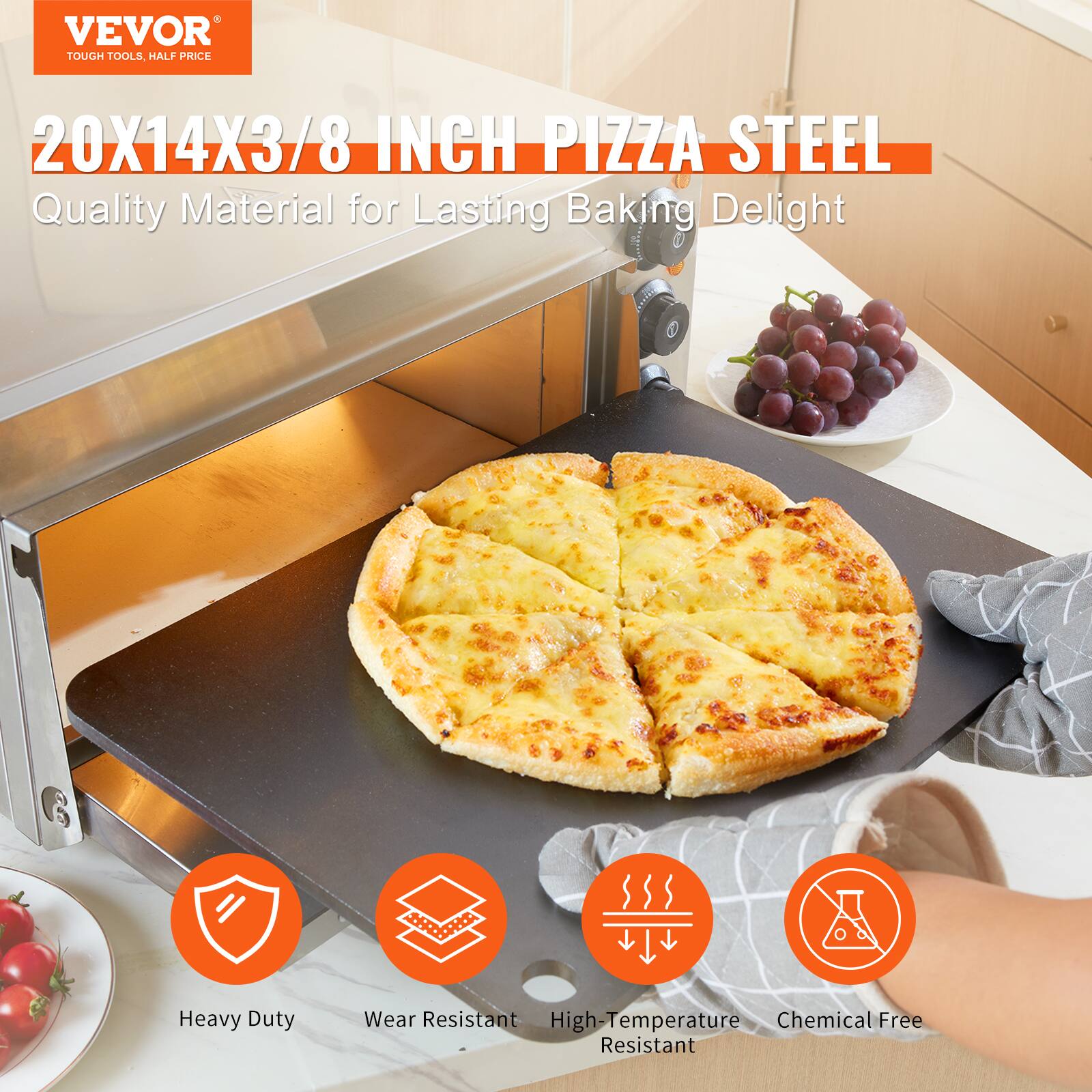 VEVOR - Pizza Steel, 20" x 14" x 3/8" Pizza Steel Plate for Oven, Pre-Seasoned Carbon Steel Pizza Baking Stone - Black - Thumbnail 4