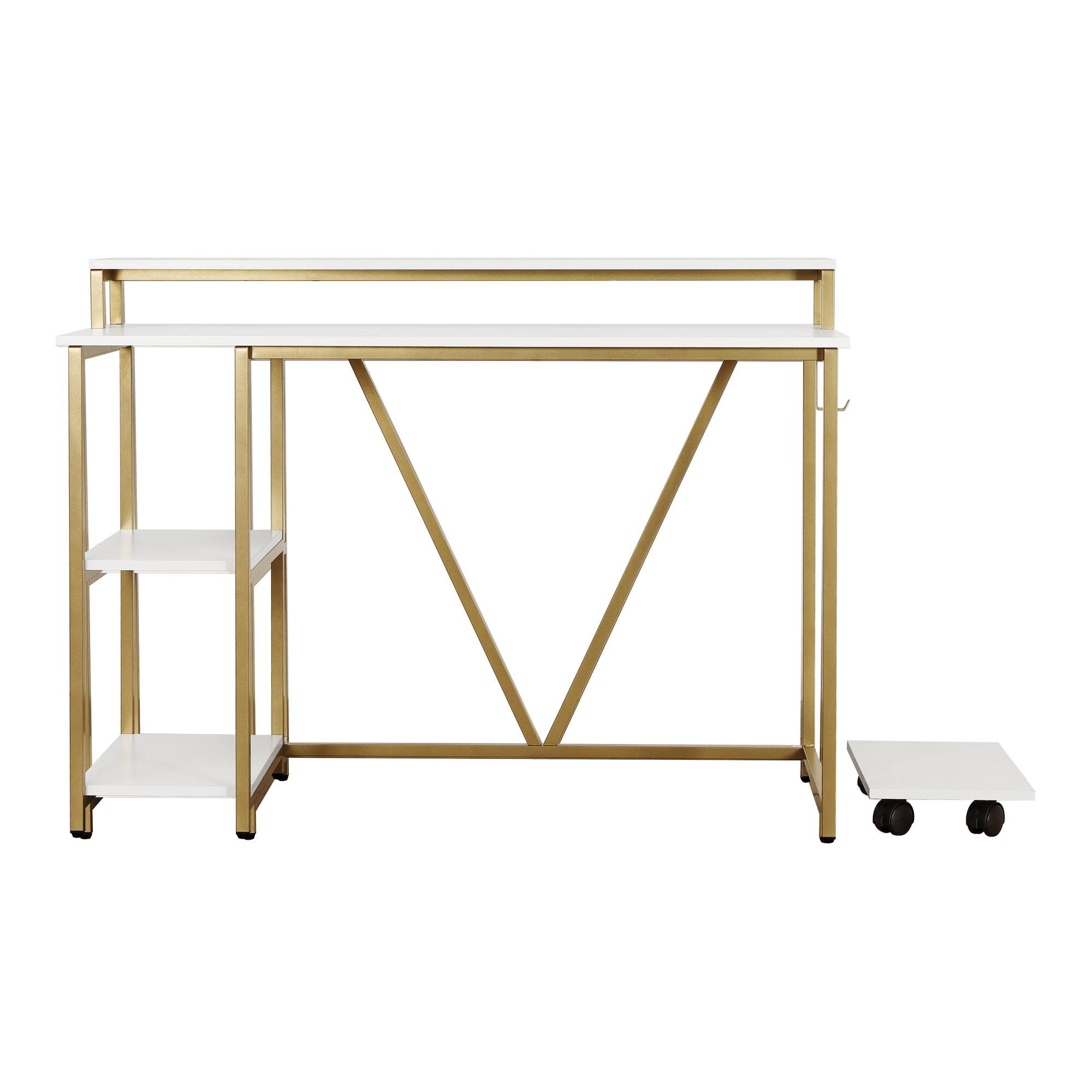 Alt View 5. GOODSILO - Industrial Style Writing Desk with Open Shelves and Mobile CPU Caddy - Gold.