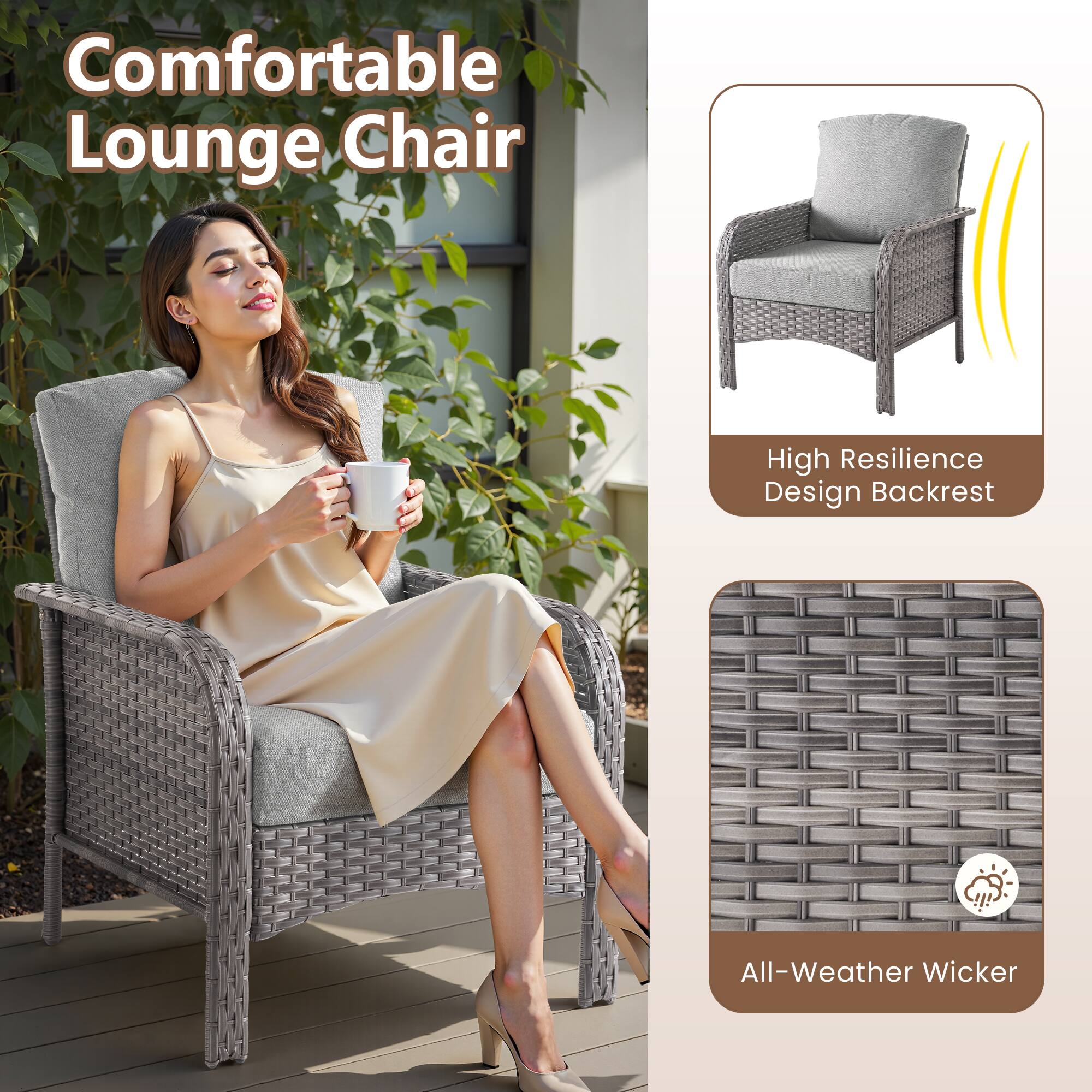 Comfortable Lounge Chair

High Resilience Design Backrest

All-Weather Wicker
