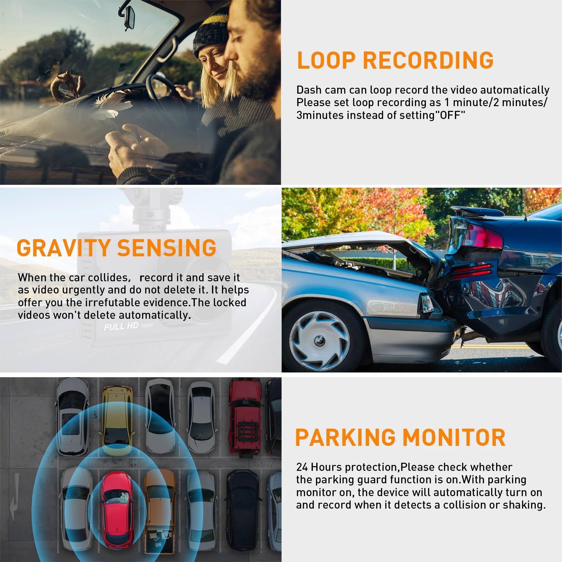 **LOOP RECORDING**  
Dash cam can loop record the video automatically. Please set loop recording as 1 minute/2 minutes/3 minutes instead of setting "OFF".

**GRAVITY SENSING**  
When the car collides, record it and save it as video urgently and do not delete it. It helps offer you the irrefutable evidence. The locked videos won't delete automatically.

**PARKING MONITOR**  
24 Hours protection, Please check whether the parking guard function is on. With parking monitor on, the device will automatically turn on and record when it detects a collision or shaking.