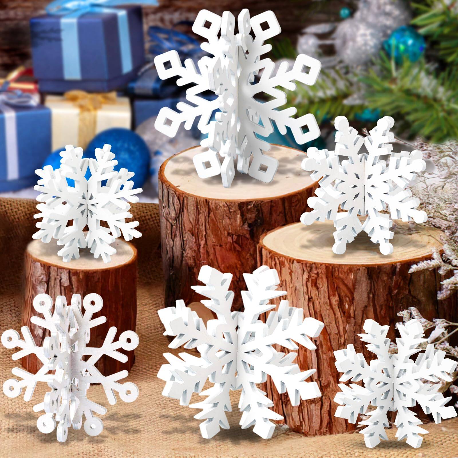 Paradigms Interiors - Winter Christmas Centerpiece Table Decorations - Wooden Snowflakes Decor 3d Snowflake Tabletop For Xmas Hol - White-6 set
