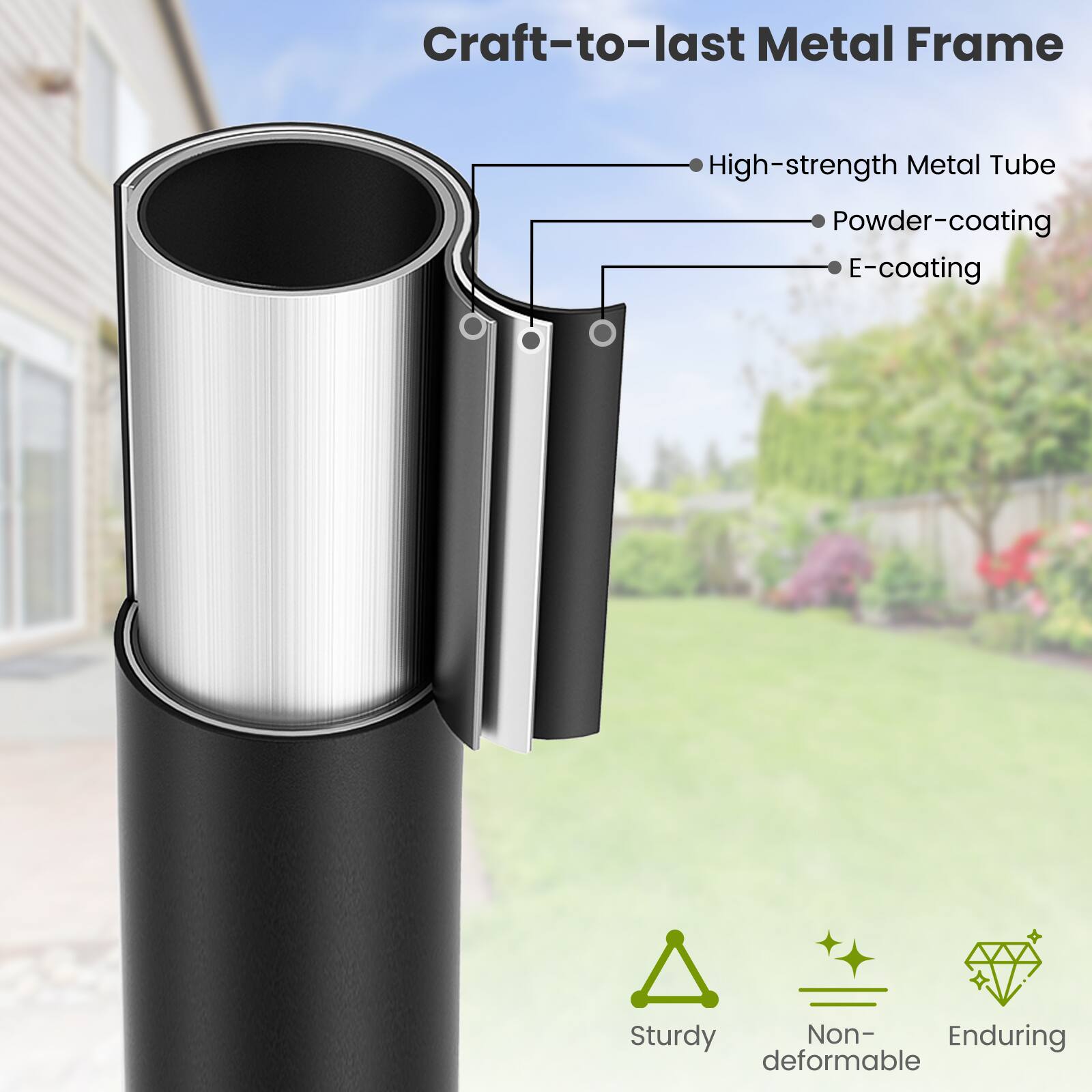 Craft-to-last Metal Frame

- High-strength Metal Tube
- Powder-coating
- E-coating

Sturdy  
Non-deformable  
Enduring