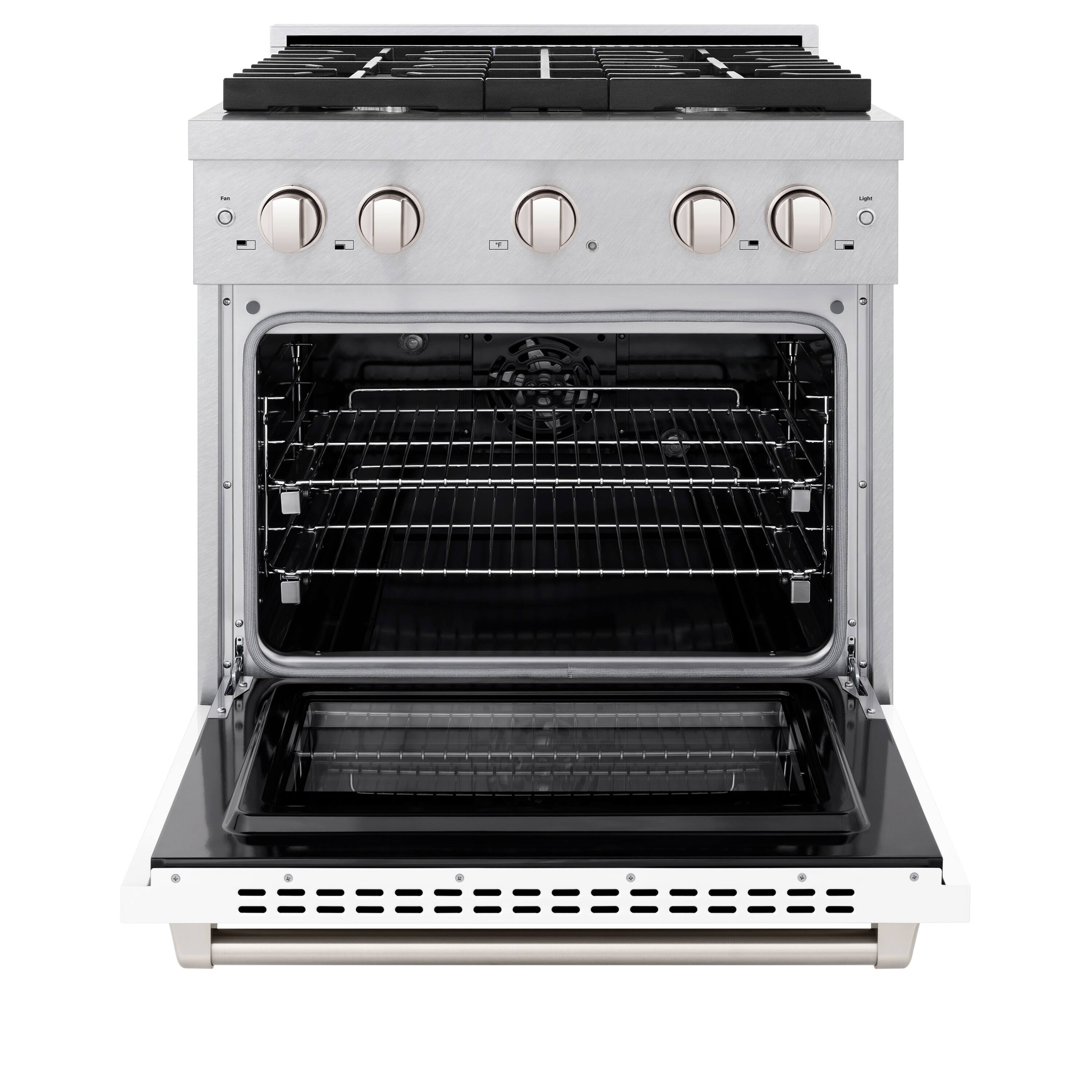 Angle. ZLINE - ZLINE 30 in. Paramount Dual Fuel Satin Steel Range with 4 Burners (SDRS-WM-30) - Stain Steel/White Matte.