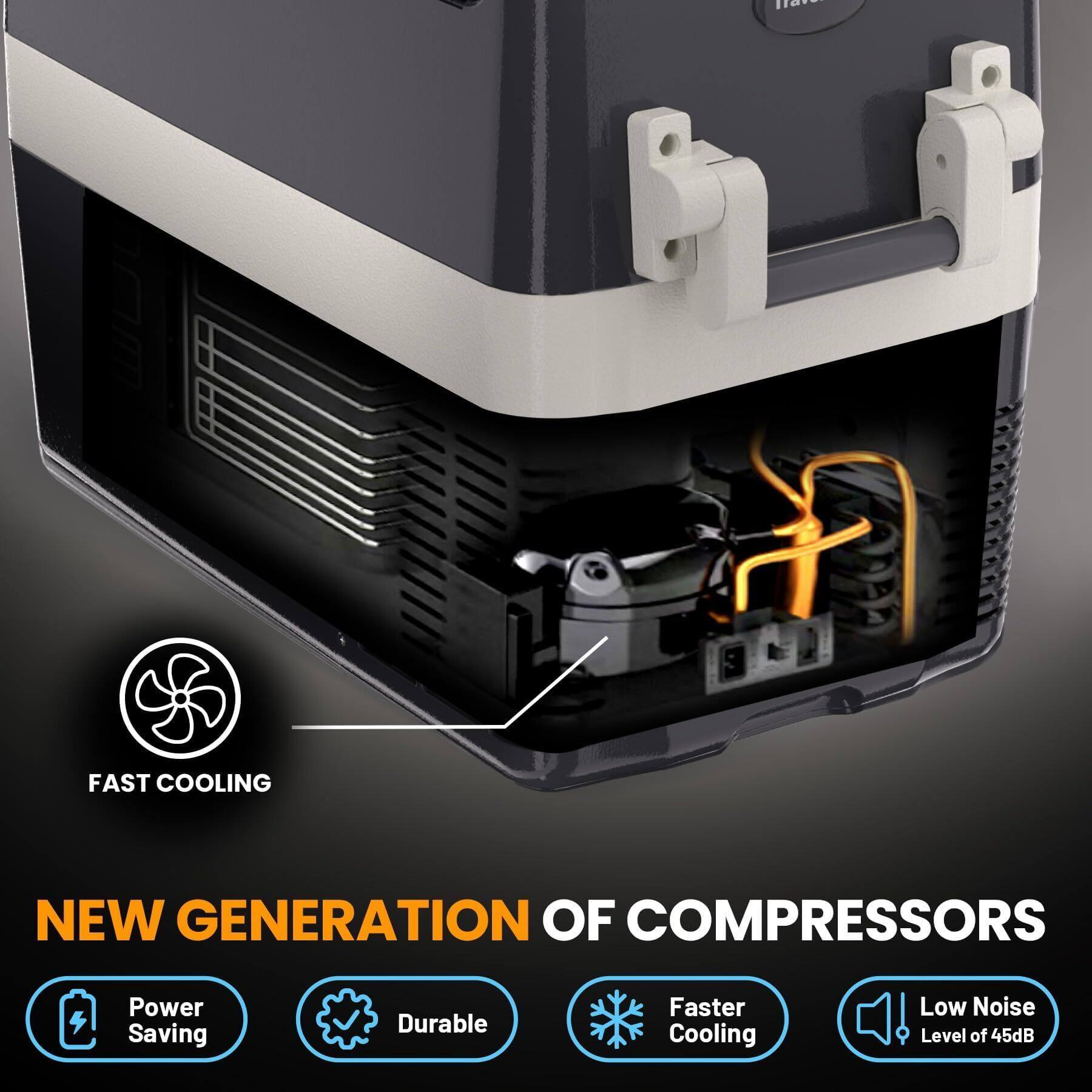 FAST COOLING

NEW GENERATION OF COMPRESSORS

- Power Saving
- Durable
- Faster Cooling
- Low Noise Level of 45dB