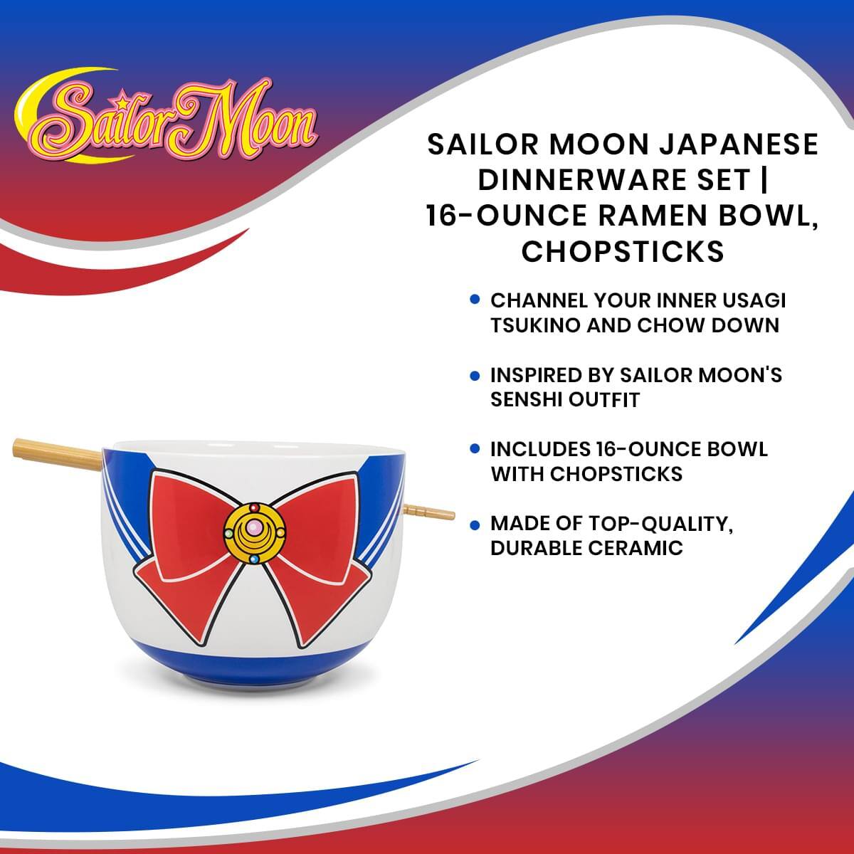 Sailor Moon Sailor Moon Japanese Dinnerware Set | 16-Ounce Ramen Bowl, Chopsticks

- Channel your inner Usagi Tsukino and chow down
- Inspired by Sailor Moon's Senshi outfit
- Includes 16-ounce bowl with chopsticks
- Made of top-quality, durable ceramic