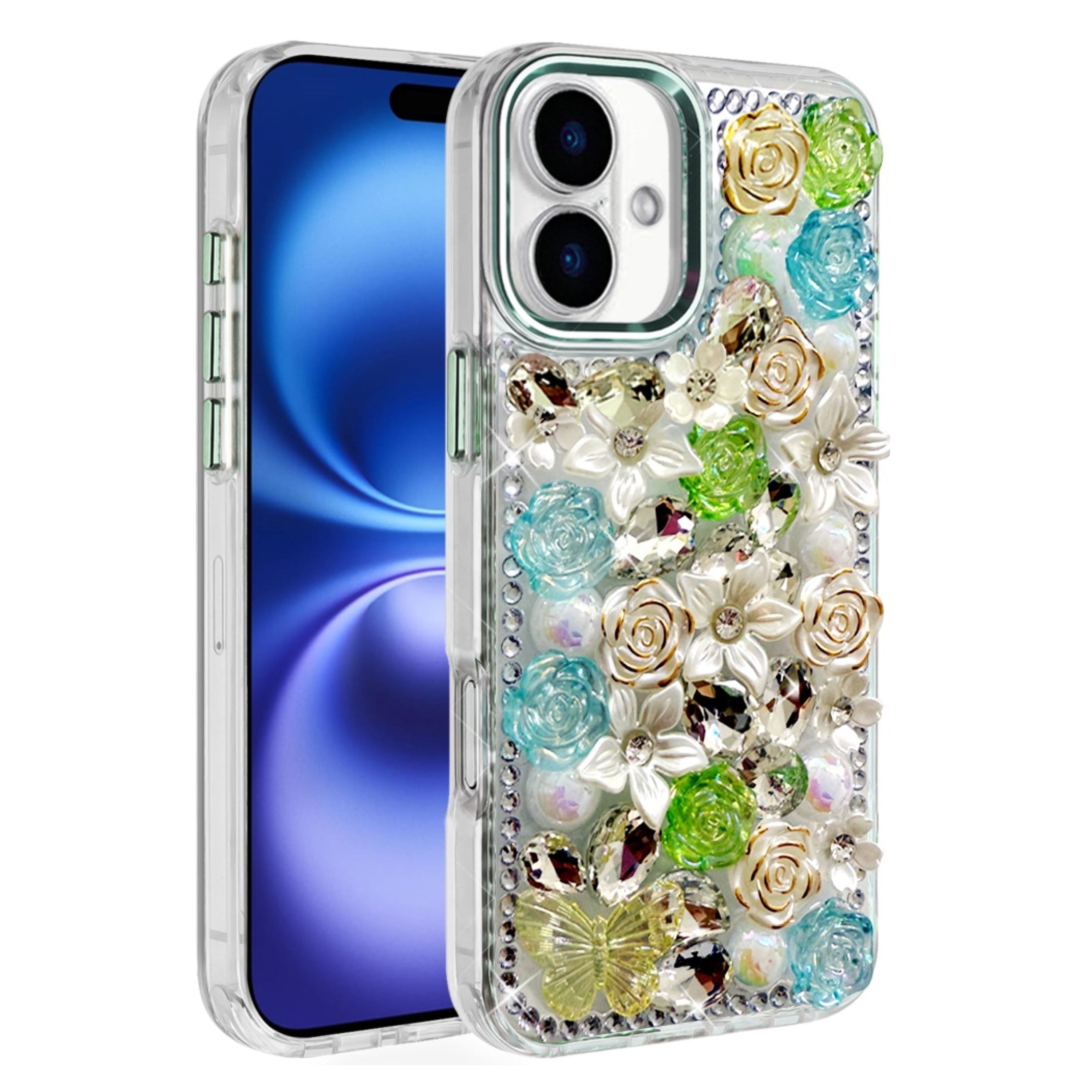 Kitcheniva - Full Floral 3D Bling Jewel Cute Phone Cover Plus Tempered Glass For iPhone 17 - Green price history on PriceWatchPro